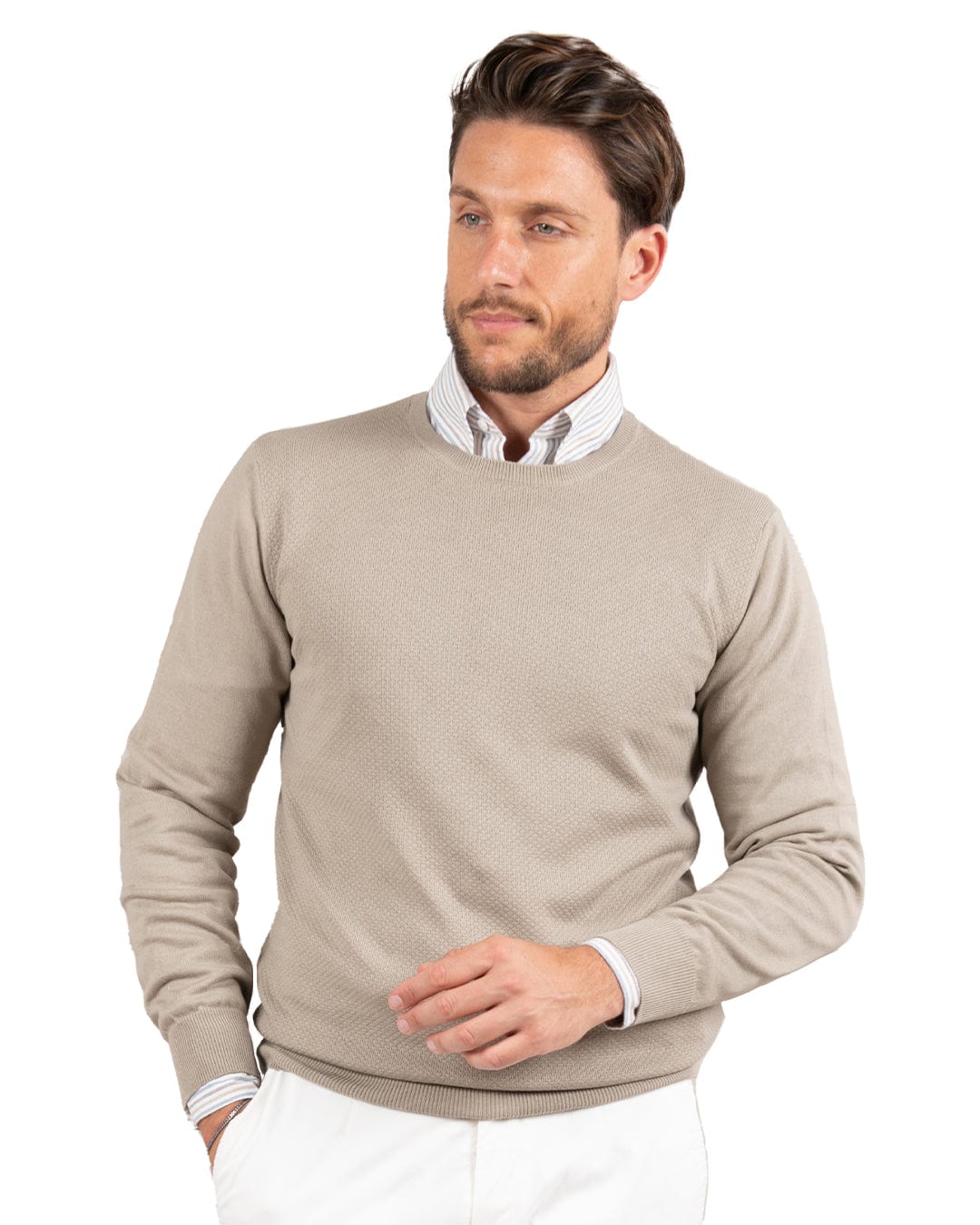 Gagliardi Knitwear Gagliardi Beige Textured Front Cotton Crew Neck Jumper