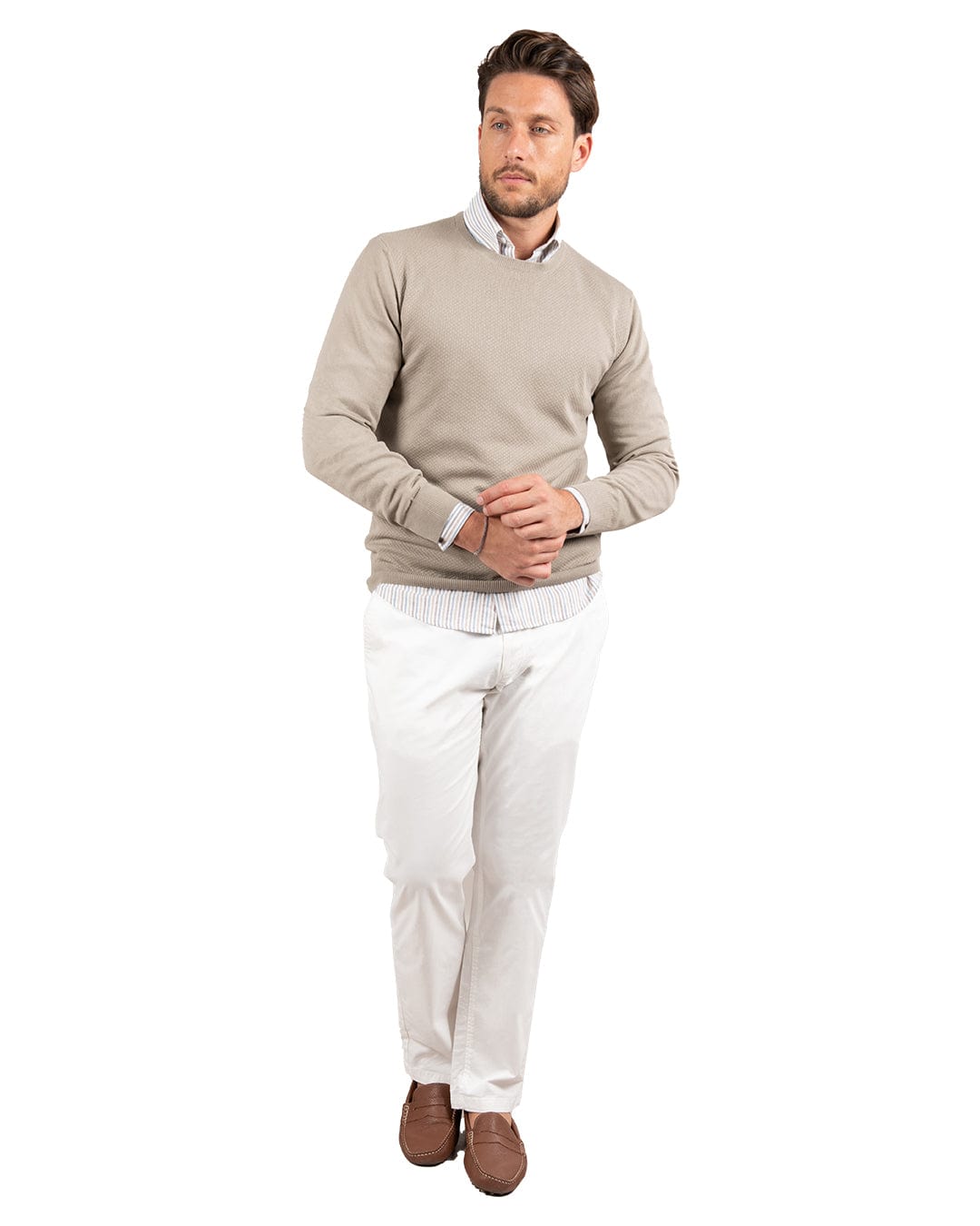 Gagliardi Knitwear Gagliardi Beige Textured Front Cotton Crew Neck Jumper