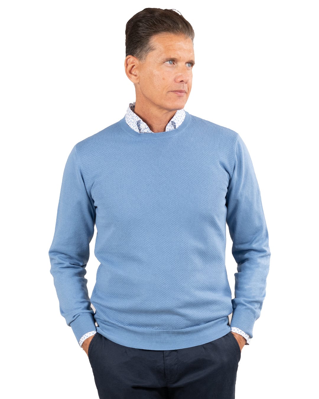 Gagliardi Knitwear Gagliardi Blue Textured Front Cotton Crew Neck Jumper