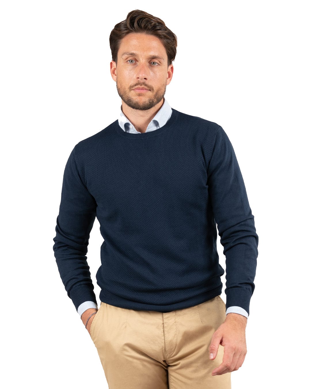 Gagliardi Knitwear Gagliardi Navy Textured Front Cotton Crew Neck Jumper