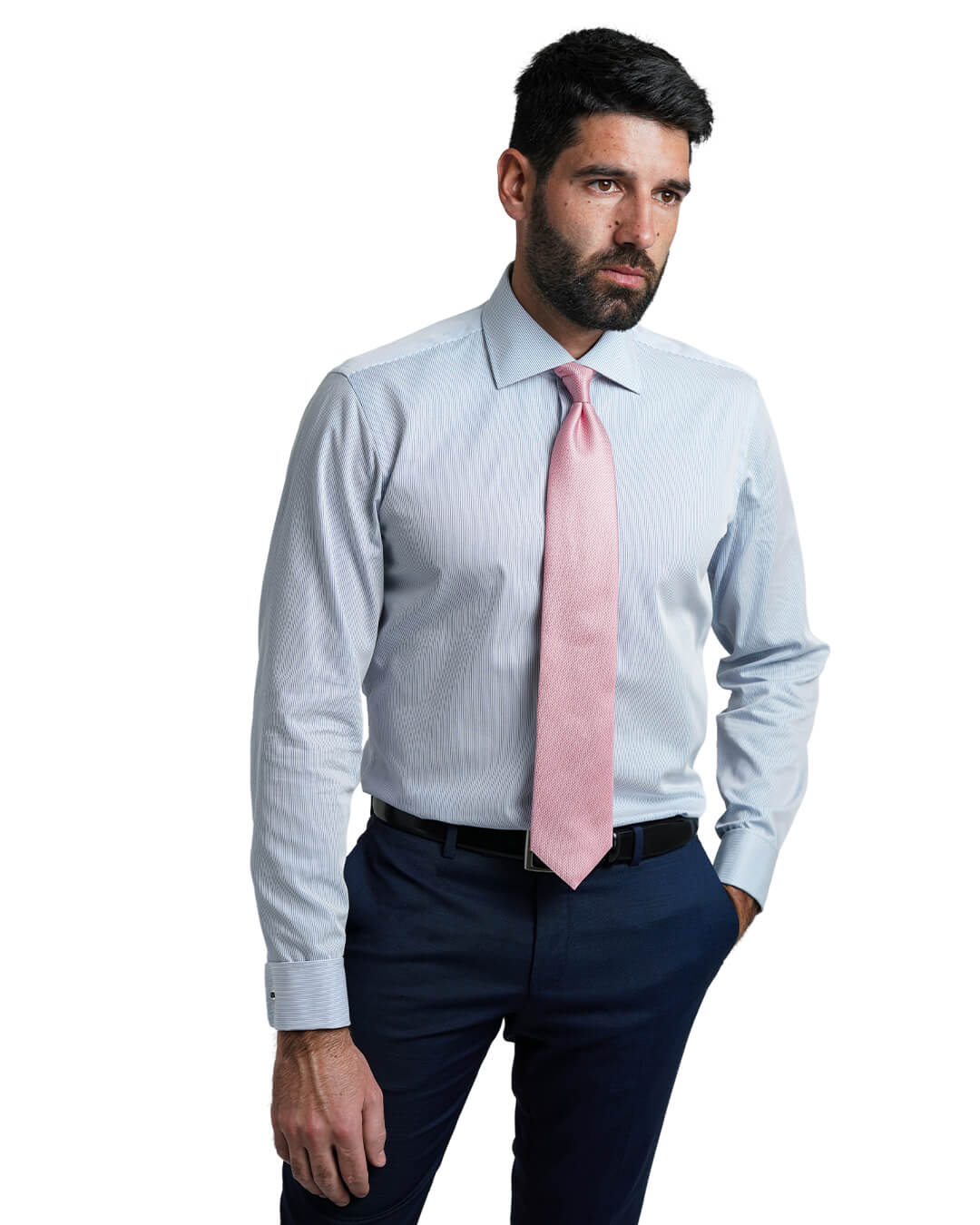 Gagliardi Shirts Gagliardi Blue Poplin Fine Stripe Double Cuff Non-Iron Shirt