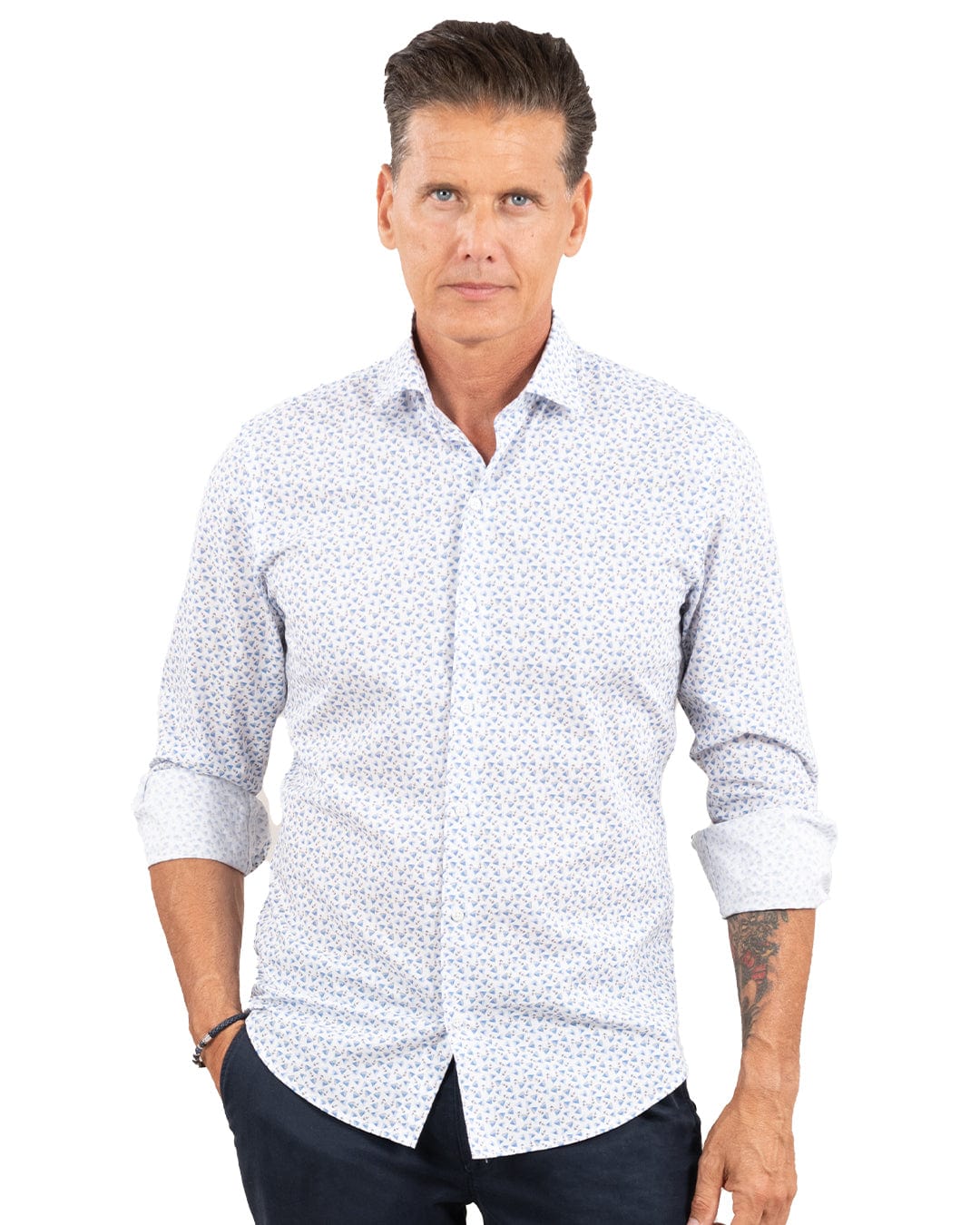 Gagliardi Shirts Gagliardi Blue Slim Fit Yachts Print Spread Collar Shirt