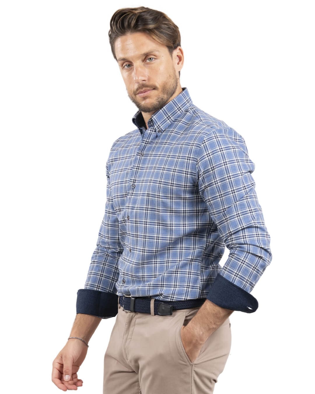 Gagliardi Shirts Gagliardi Slim Fit Blue Brushed Twill Check Button Down Shirt