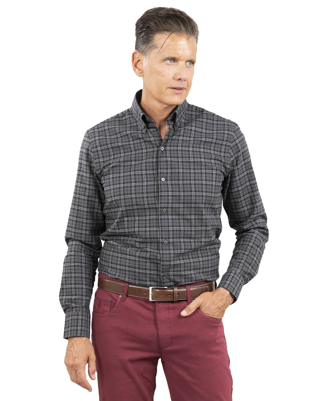 Gagliardi Shirts Gagliardi Slim Fit Burgundy Brushed Twill Check Button Down Shirt