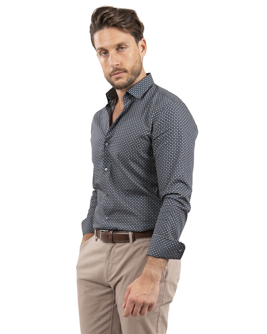 Gagliardi Shirts Gagliardi Slim Fit Navy Tile Design Printed Shirt