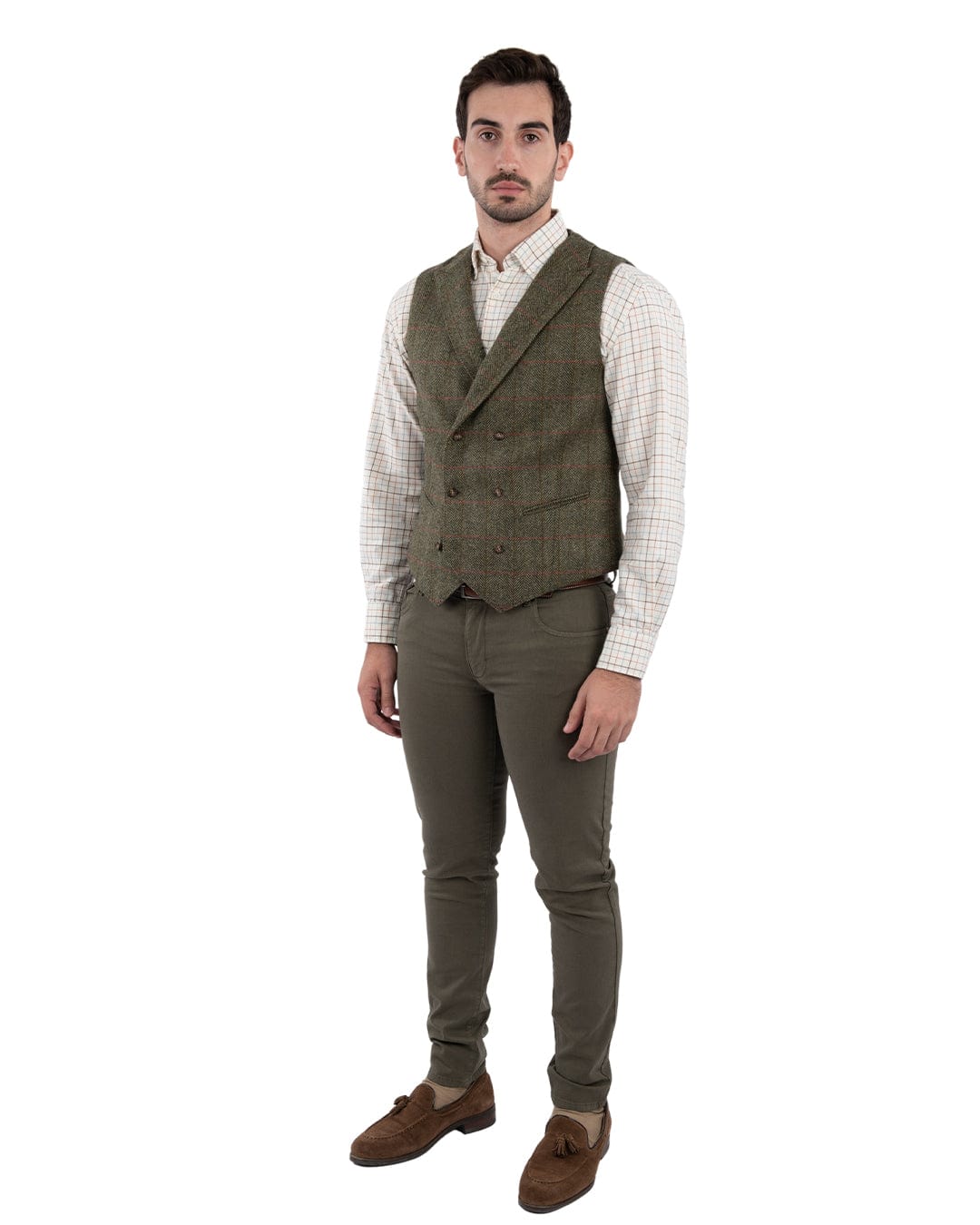 Gagliardi Waistcoat Gagliardi Olive Green Shetland Check Double Breasted Waistcoat