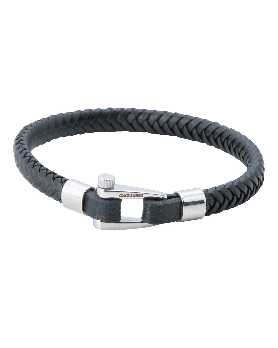 Black Braided Leather Bracelet With Polished Steel Screw Clasp