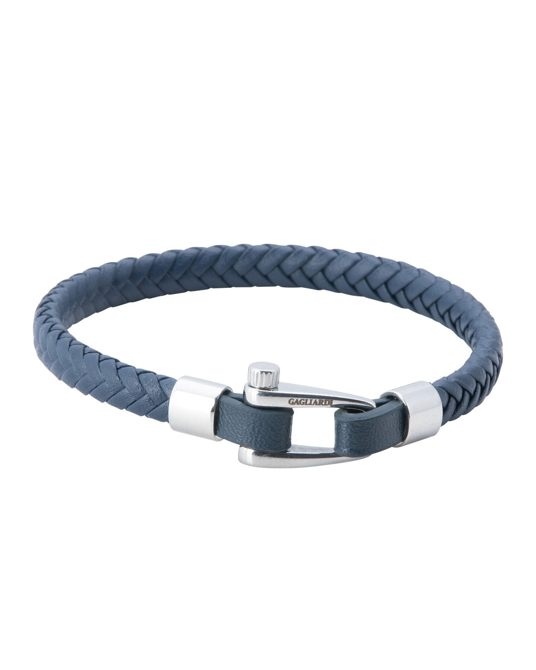 Navy Braided Leather Bracelet With Polished Steel Screw Clasp
