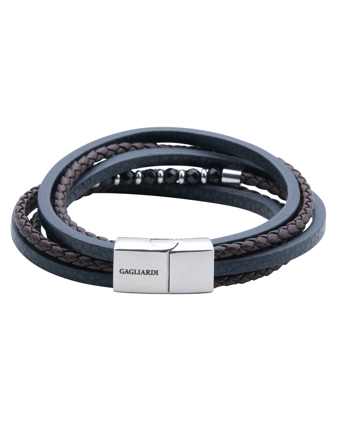 Black Multi Strand Leather Bracelet With Polished Steel Clasp