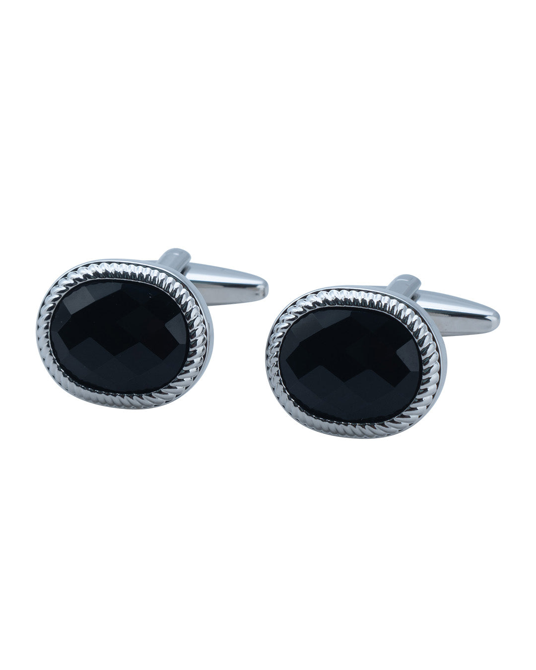 Oval Cufflinks With Textured Edge & Black Faceted Stone