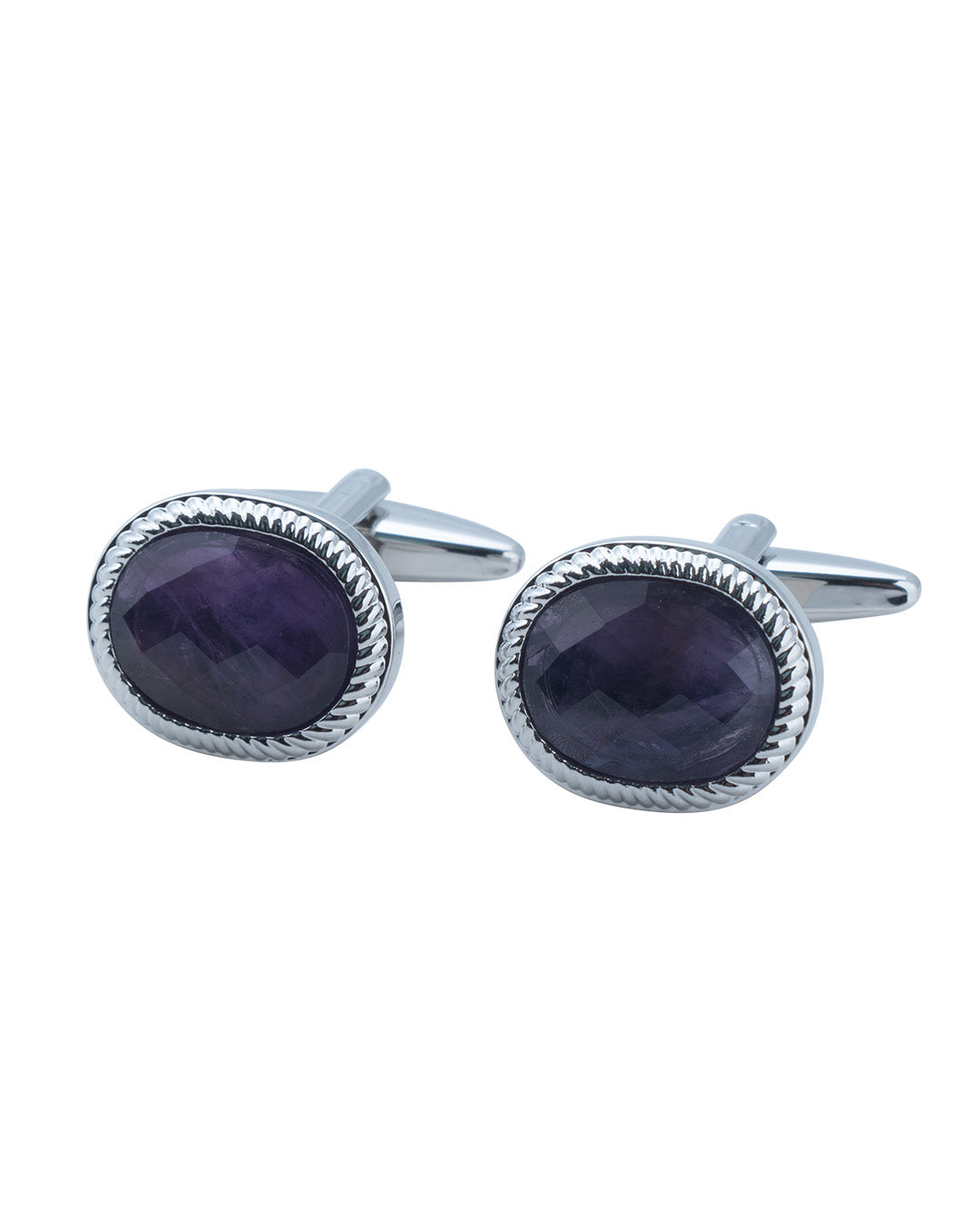 Oval Cufflinks With Textured Edge & Purple Faceted Stone