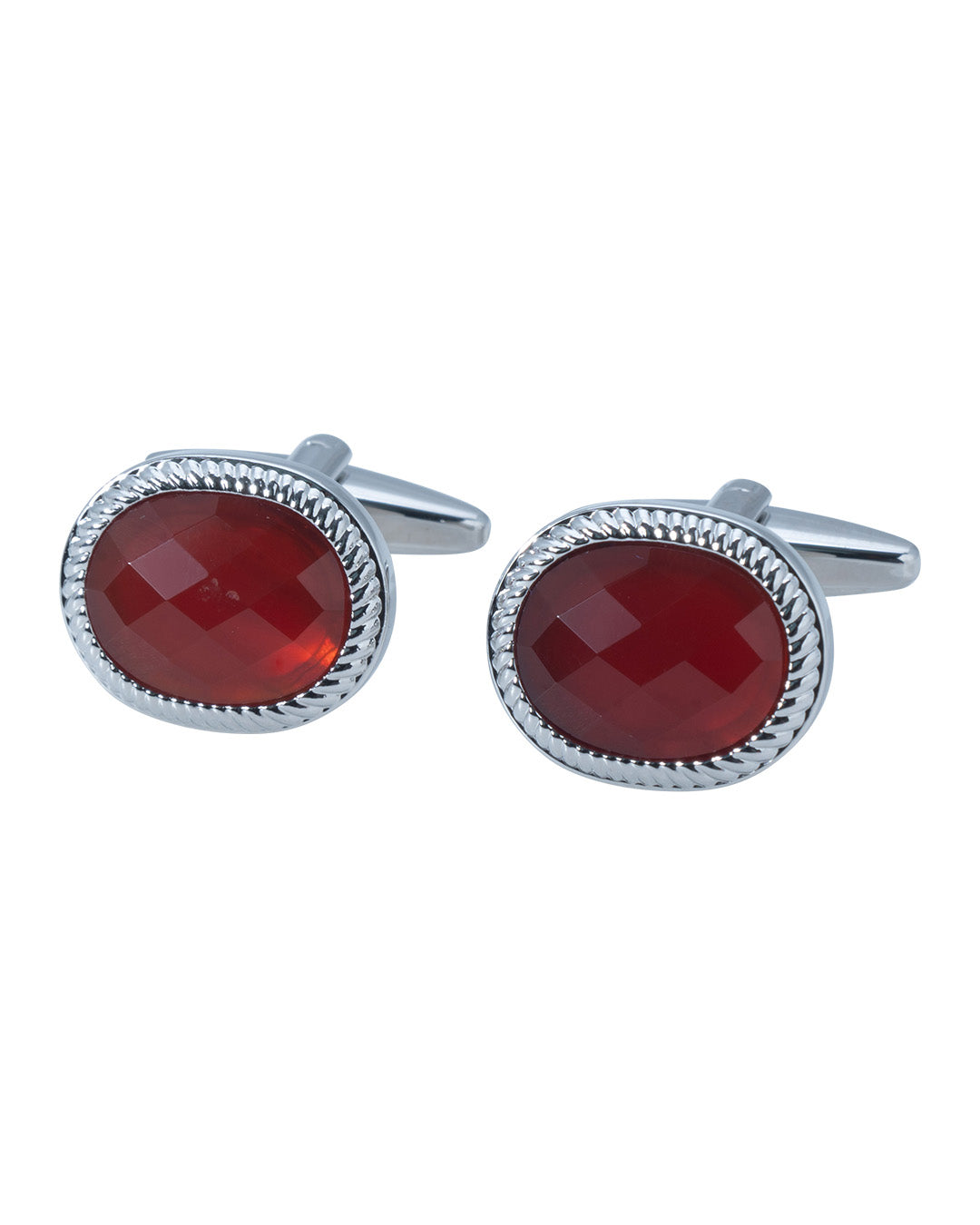 Oval Cufflinks With Textured Edge & Red Faceted Stone