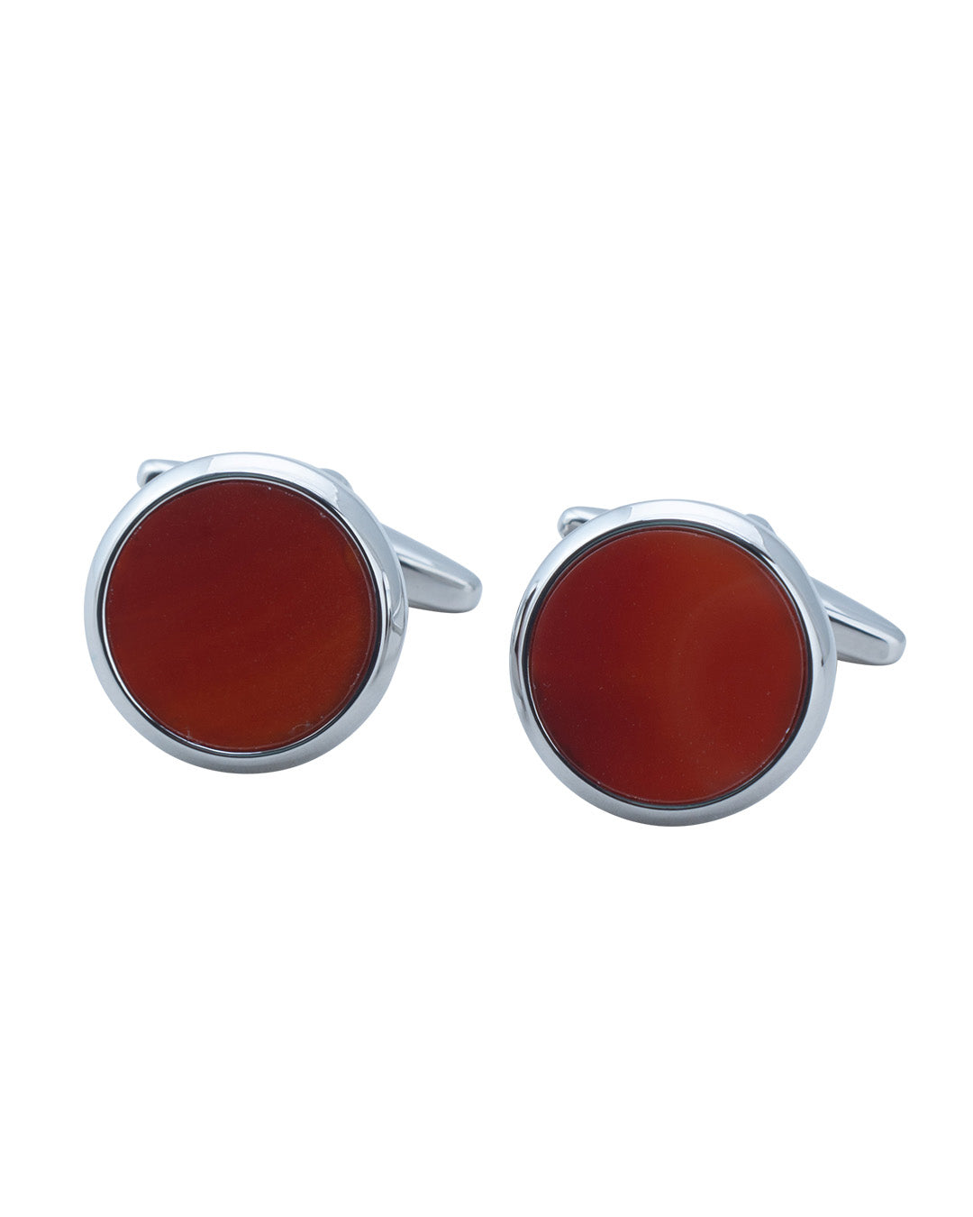 Round Silver Cufflinks With Red Polished Flat Stone