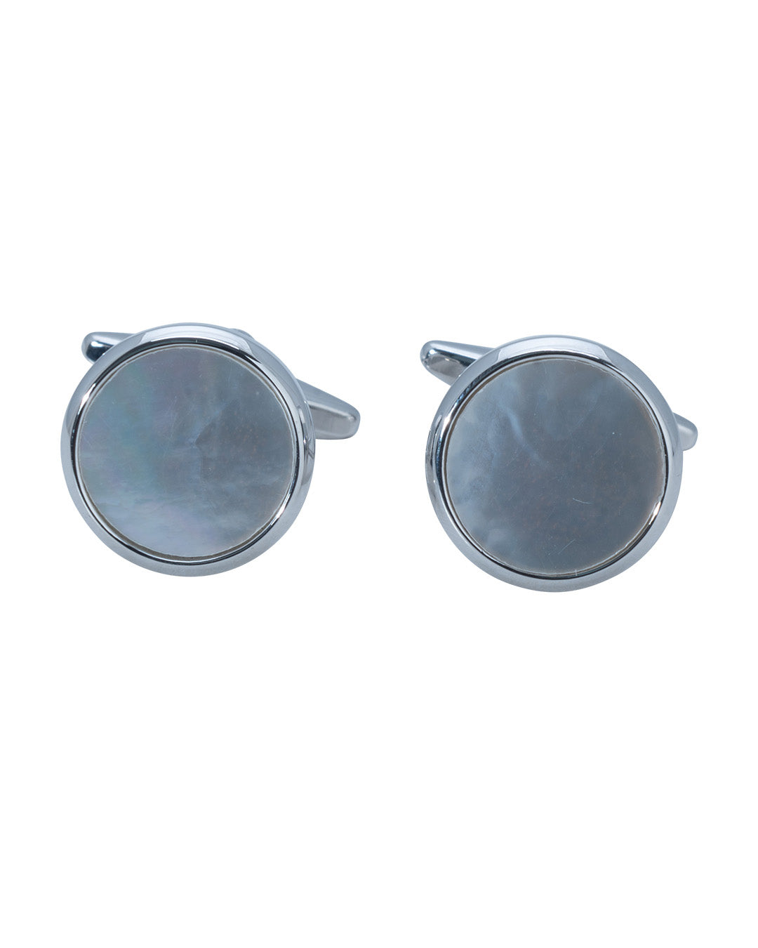 Round Silver Cufflinks With White Polished Flat Stone
