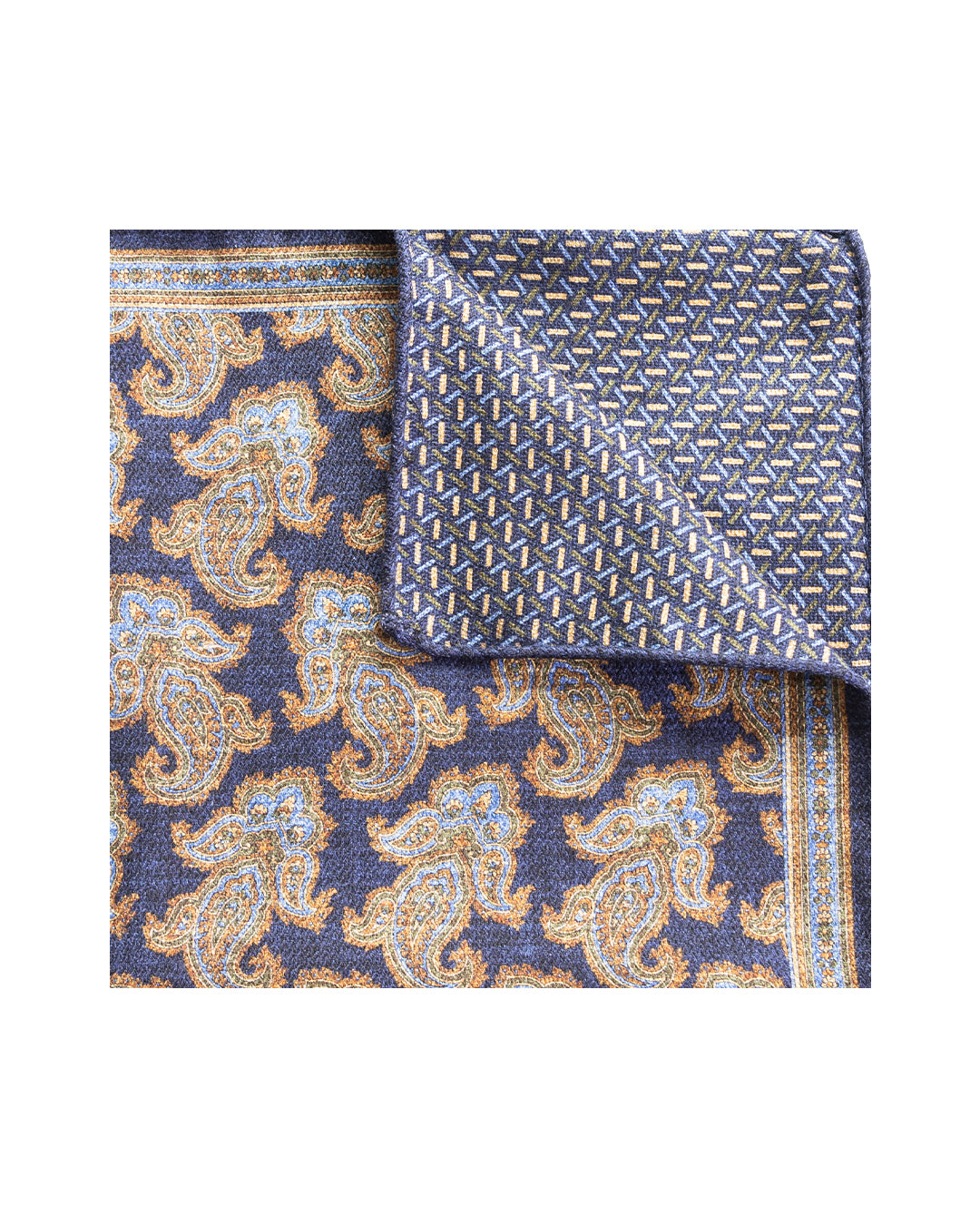 Navy Paisley & Geo Reversible Italian Silk Pocket Square