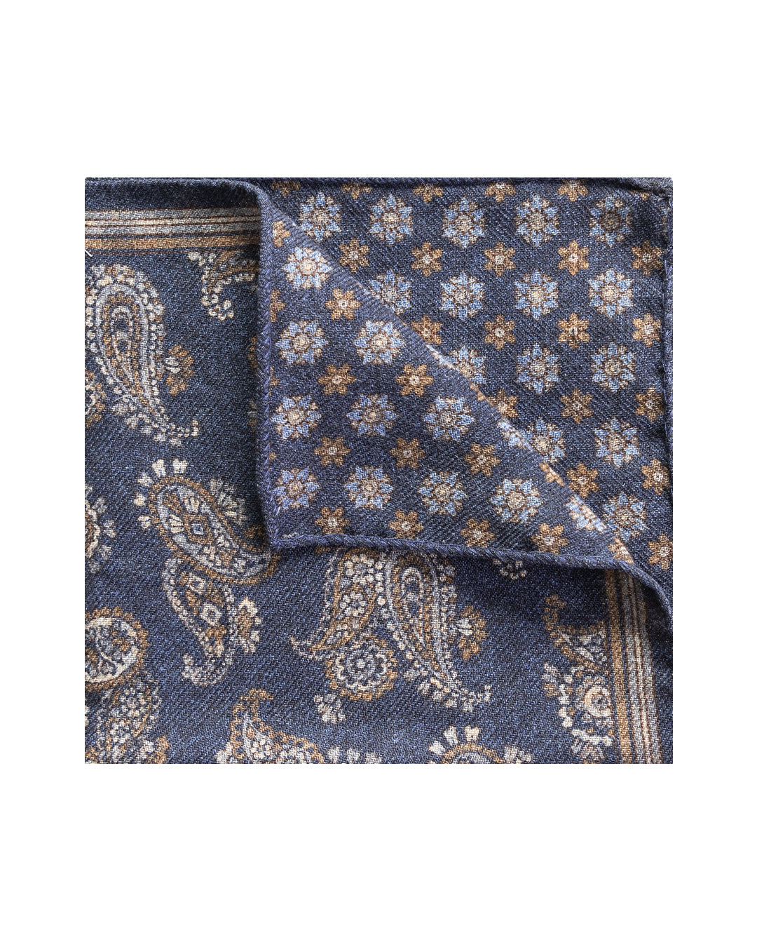 Navy Paisley & Floral Reversible Italian Wool Pocket Square