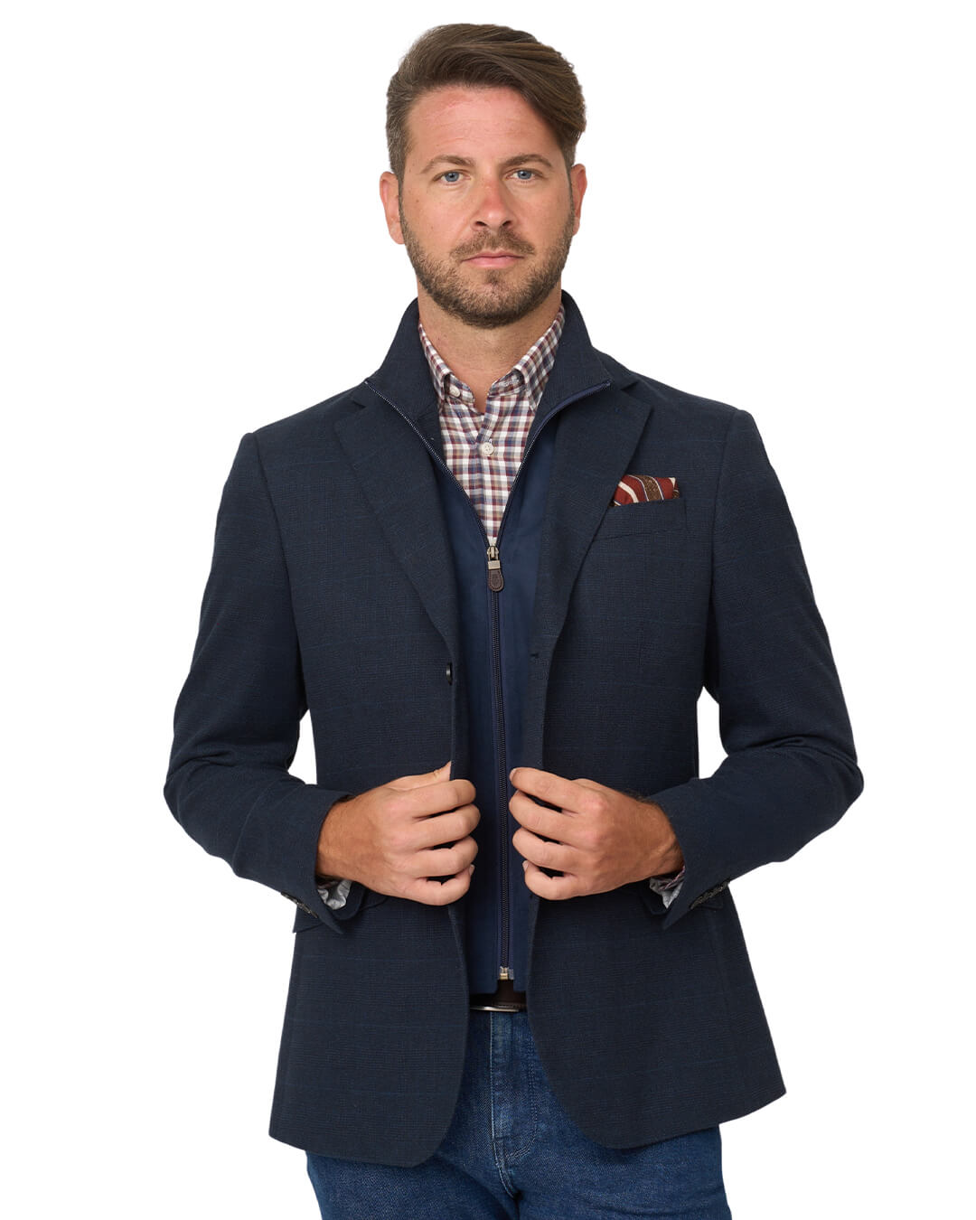 Gagliardi Navy Check Cotton Stretch Jacket With Detachable Zip Front Liner
