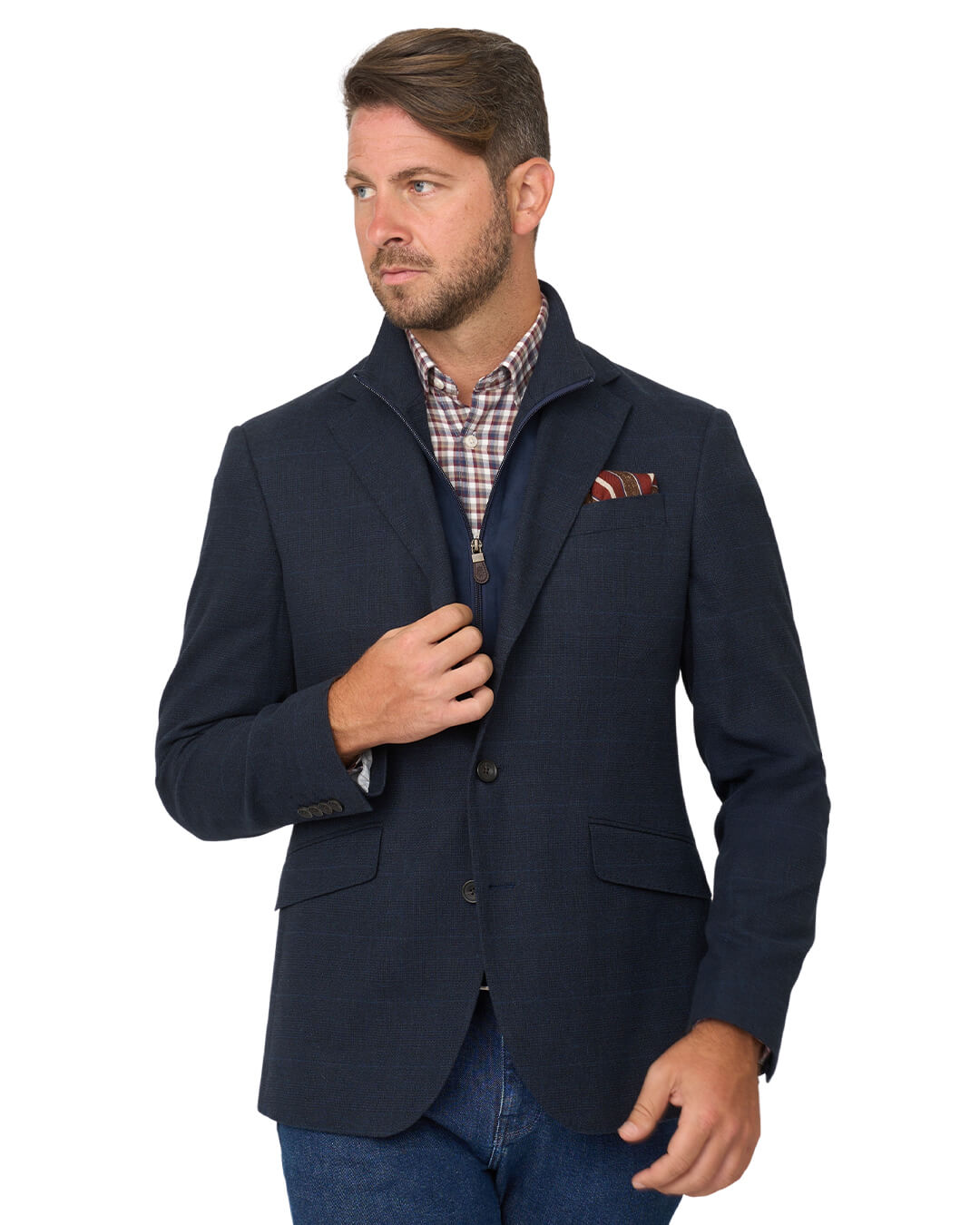 Gagliardi Navy Check Cotton Stretch Jacket With Detachable Zip Front Liner