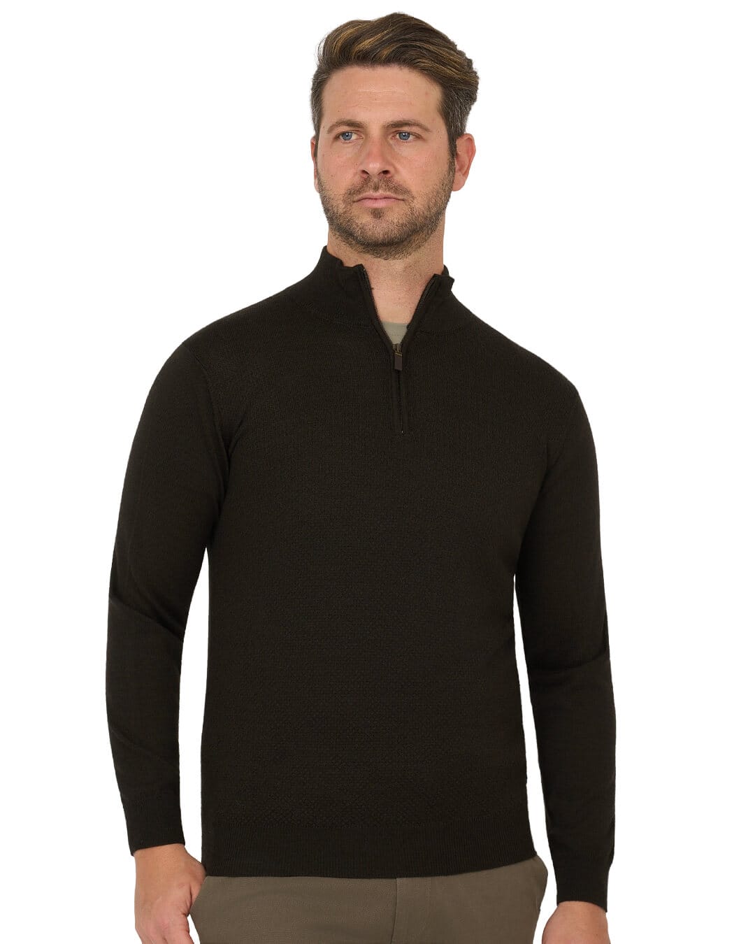 Gagliardi Brown Jumper Zip Neck Merino Blend Textured Front