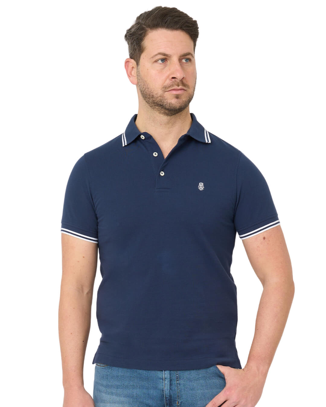 Indigo Pique Polo Shirt With Double Tipped Collar & Cuff