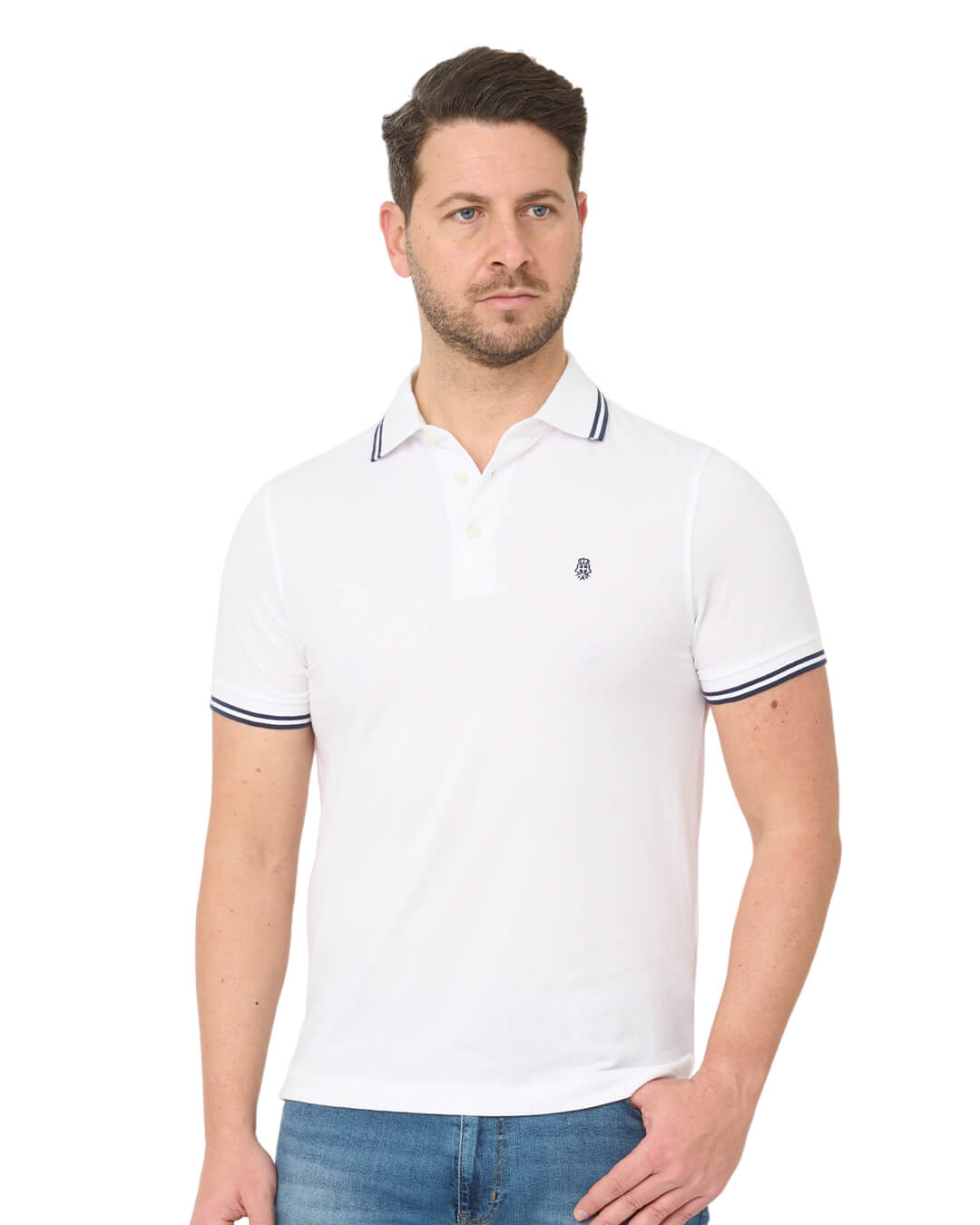 White Pique Polo Shirt With Double Tipped Collar & Cuff