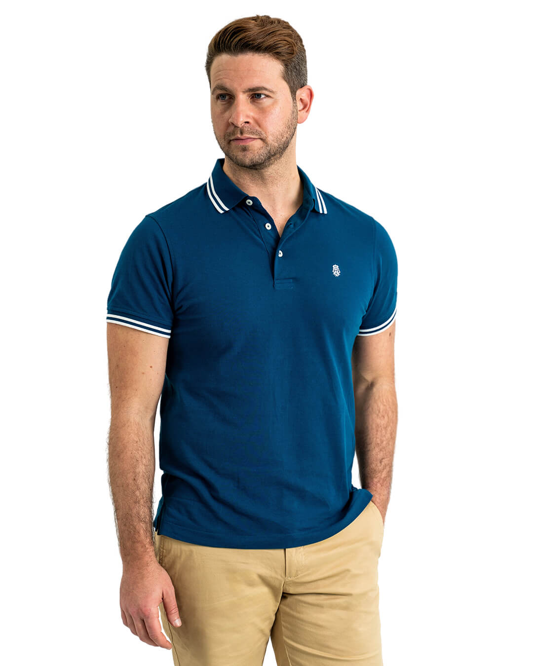 Navy Pique Polo Shirt With Double Tipped Collar & Cuff