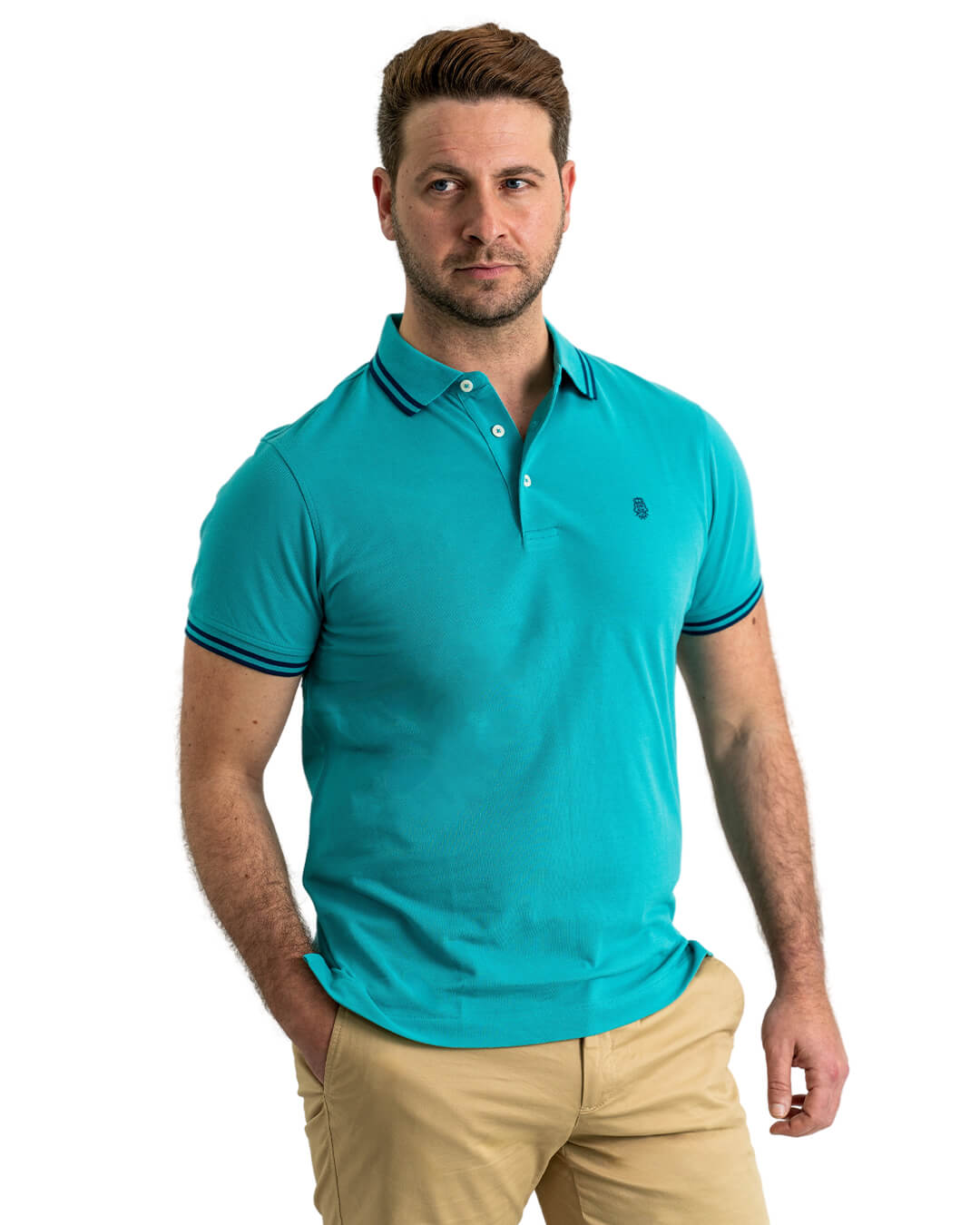 Teal Pique Polo Shirt With Double Tipped Collar & Cuff