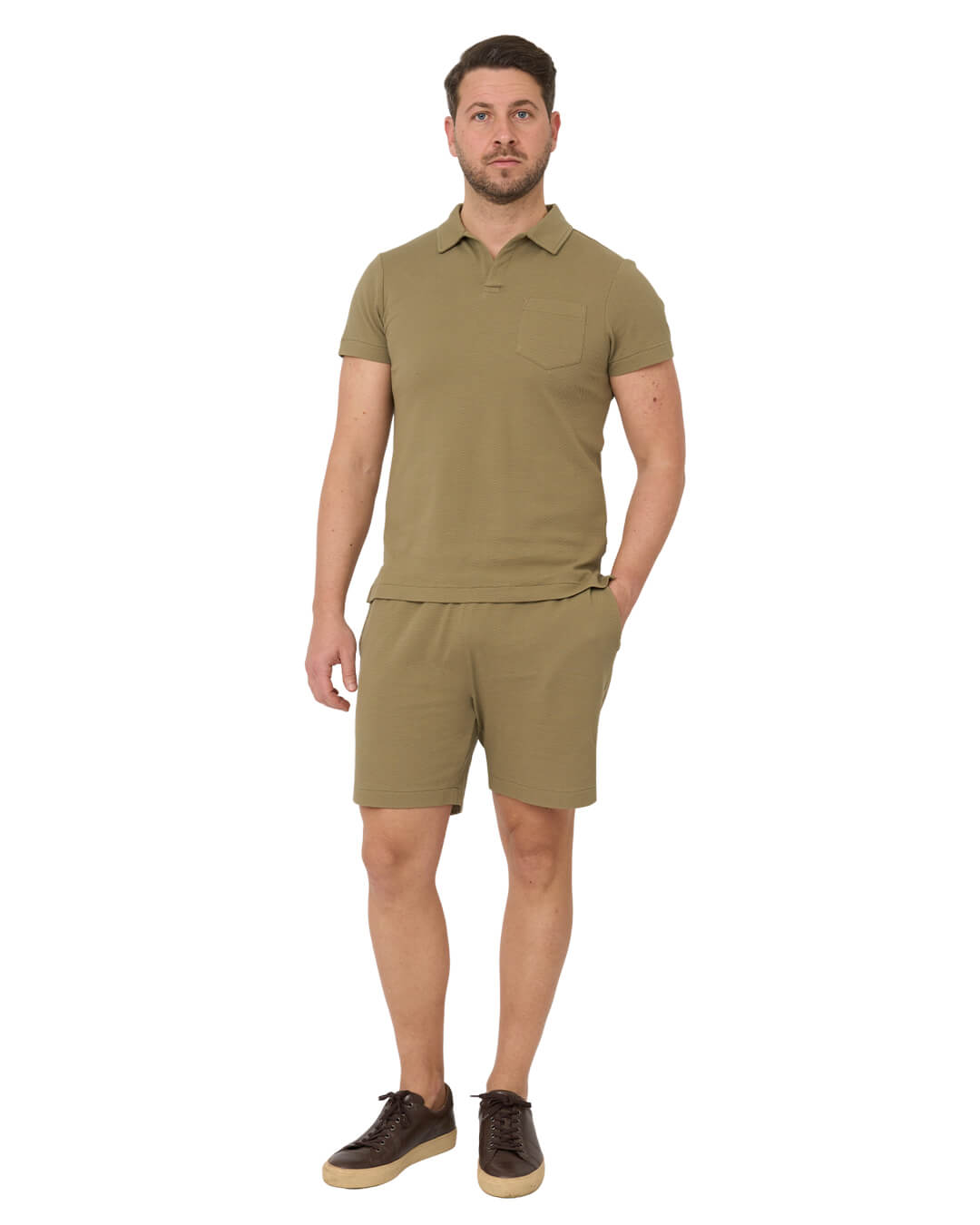 Olive Resort Collar Popcorn Texture Polo Shirt