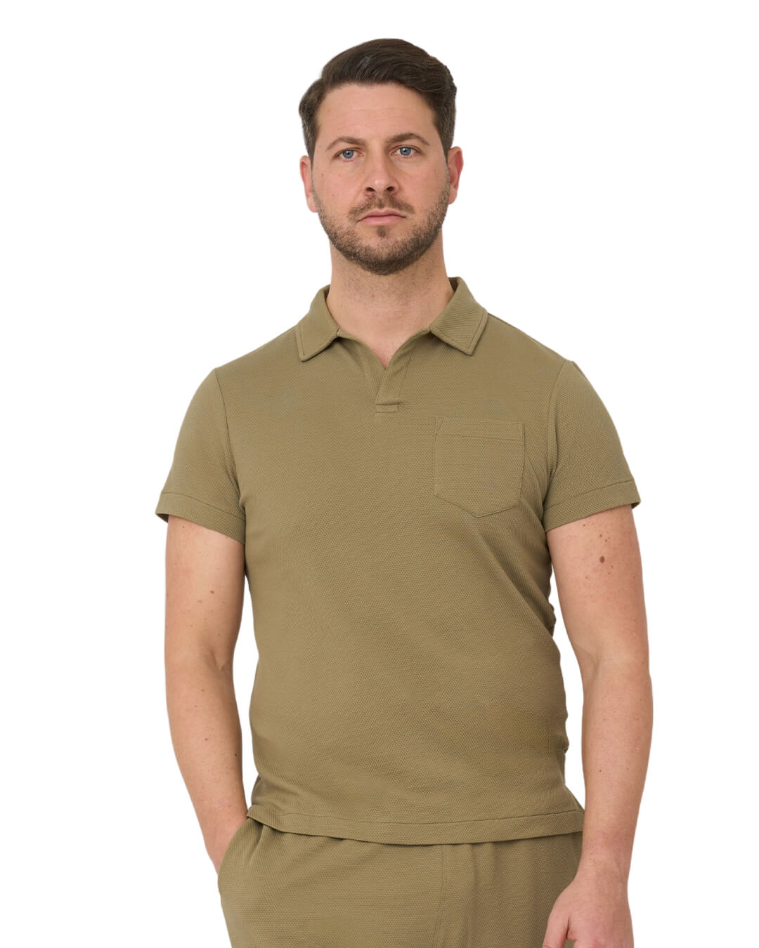 Olive Resort Collar Popcorn Texture Polo Shirt