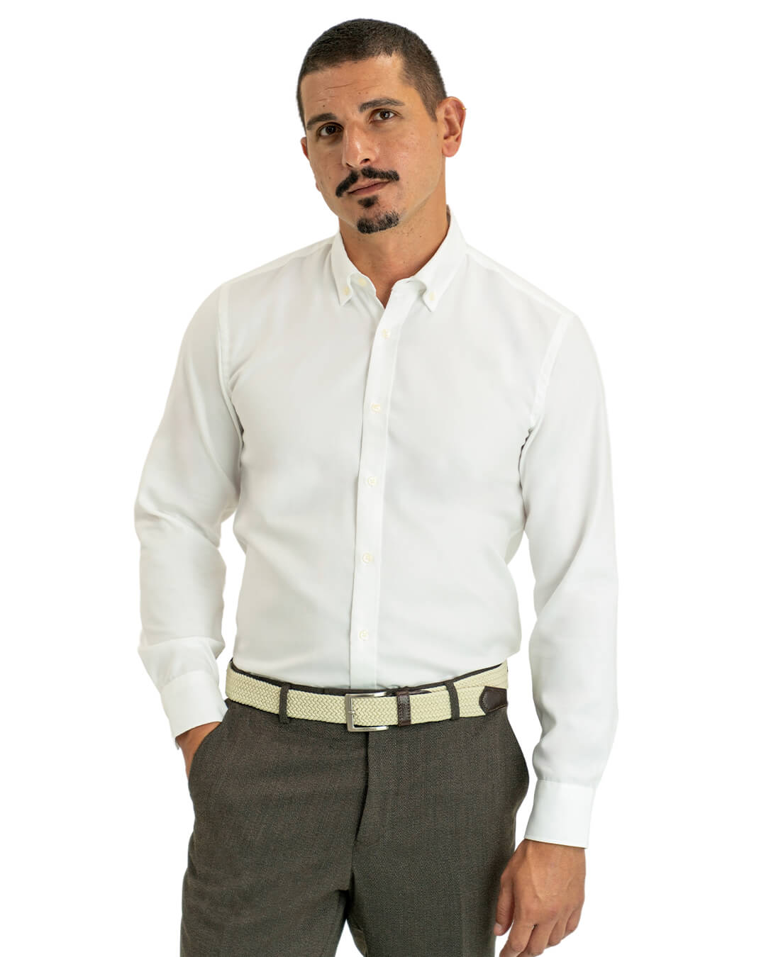 White Oxford Buttondown Collar Single Cuffed Slim-Fit Non-Iron Shirt
