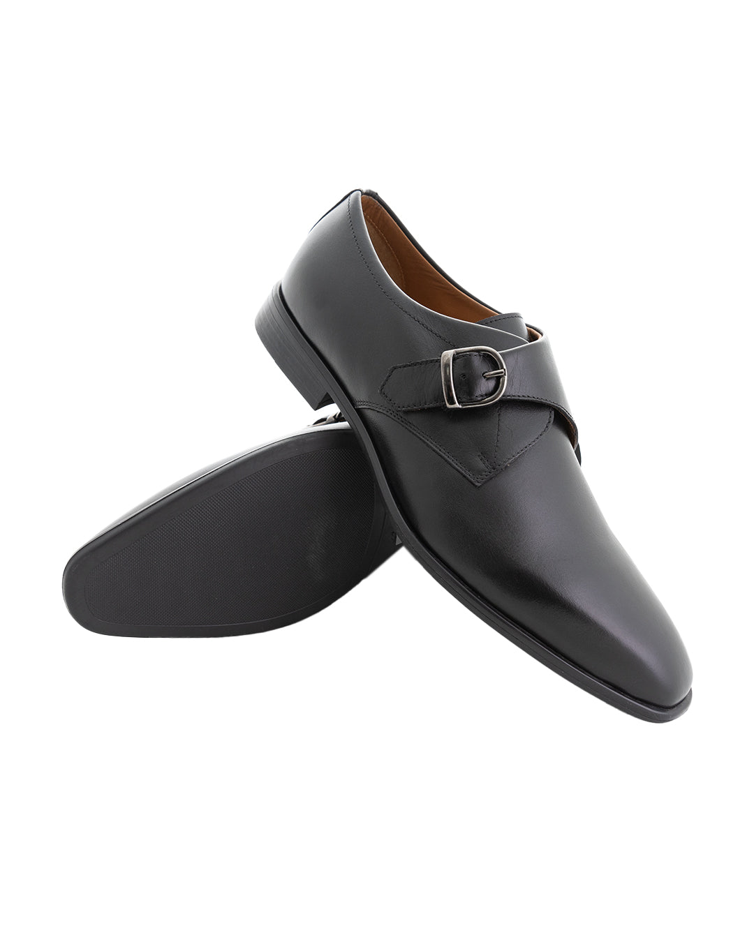 Black Leather Single Buckle Monk Shoes