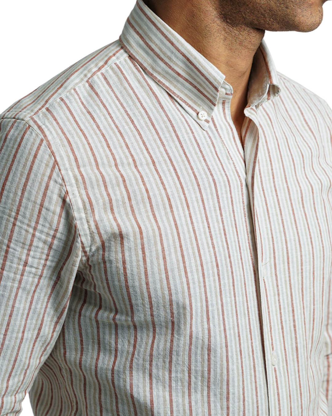 Rust Slim Fit Cotton Linen Stripe Button-Down Shirt
