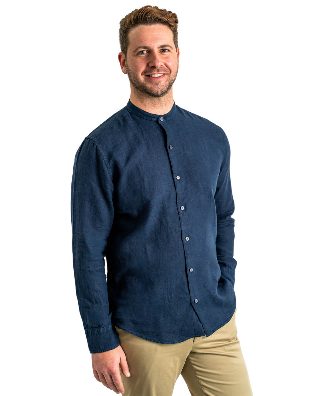 Navy Slim Fit Linen Grandad Collar Shirt