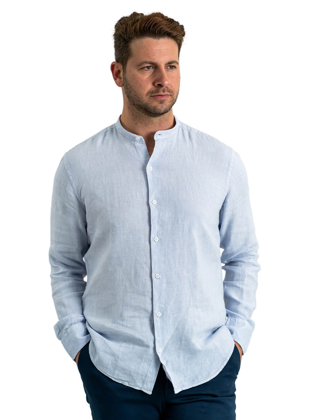 Light Blue Slim Fit Linen Grandad Collar Shirt