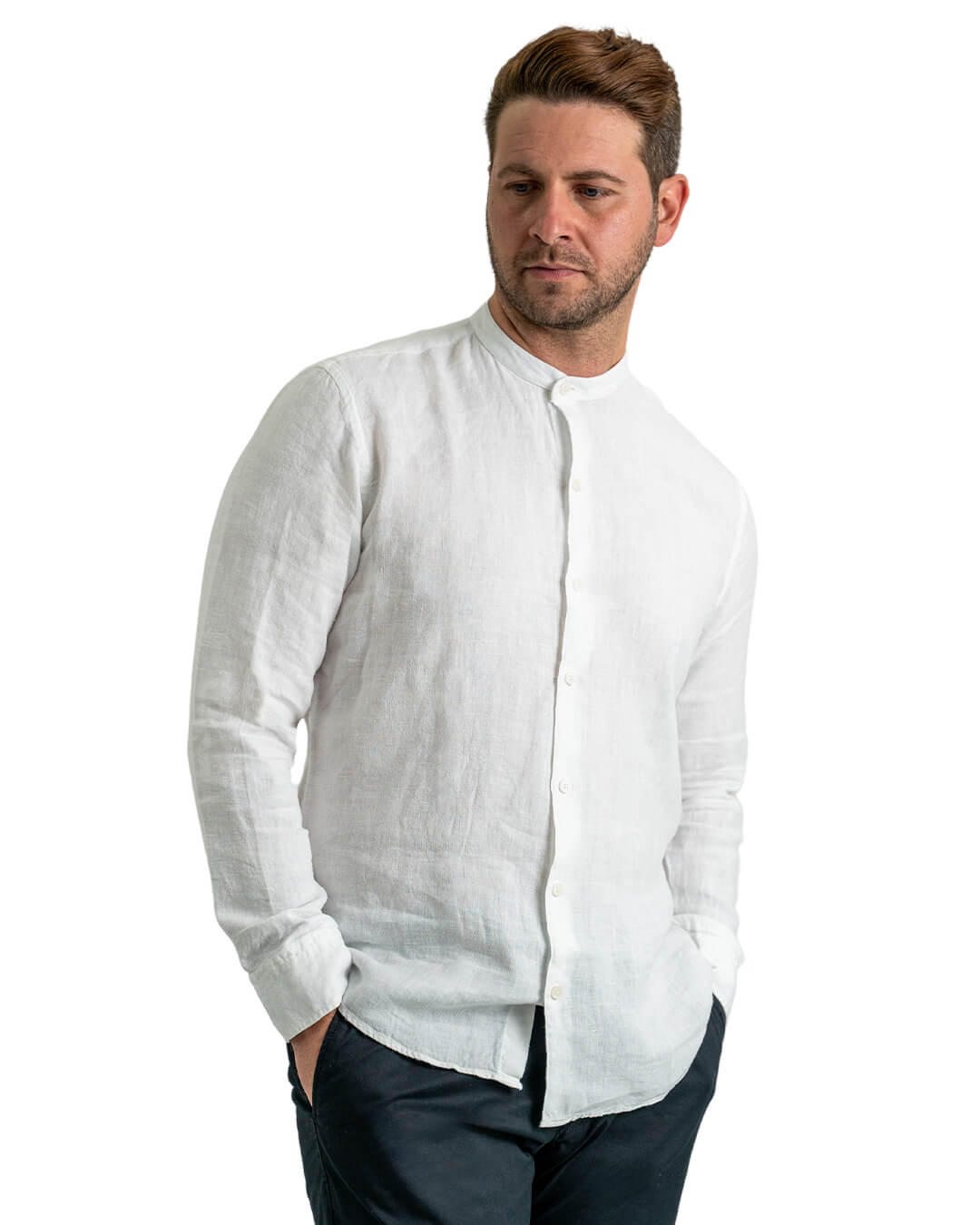 White Linen Grandad Collar Shirt