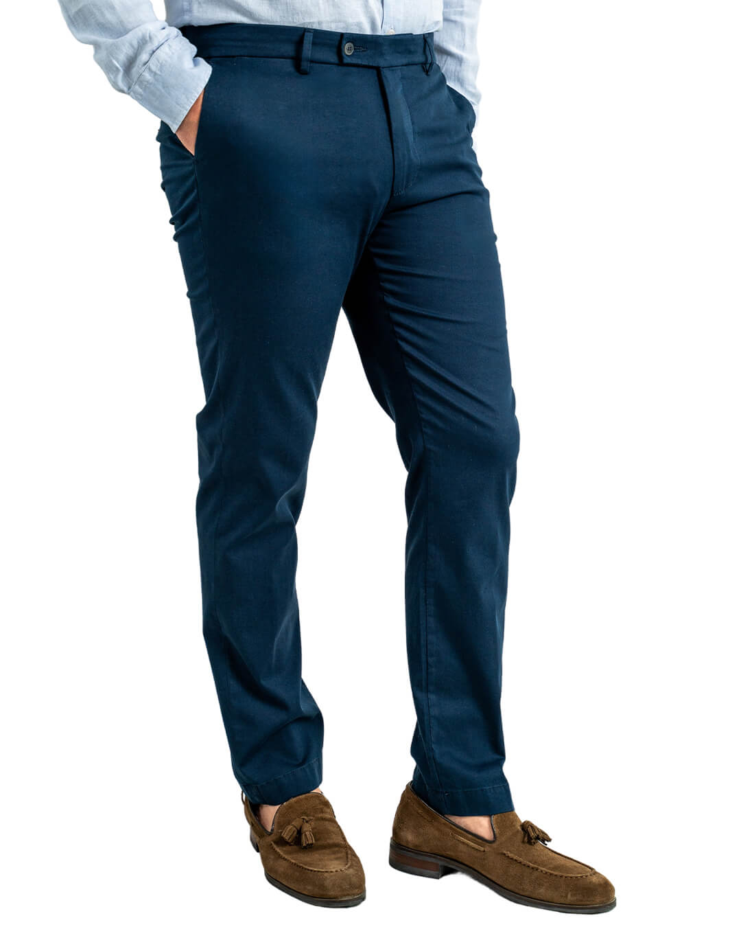 Navy Garment Washed Stretch Cotton Textured Trousers