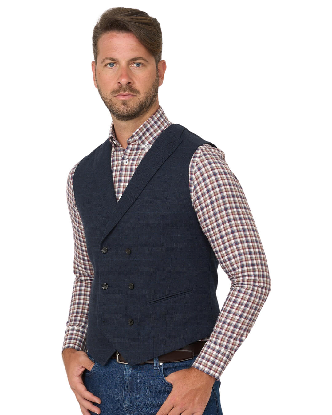 Gagliardi Navy Check Cotton Stretch Double Breasted Waistcoat
