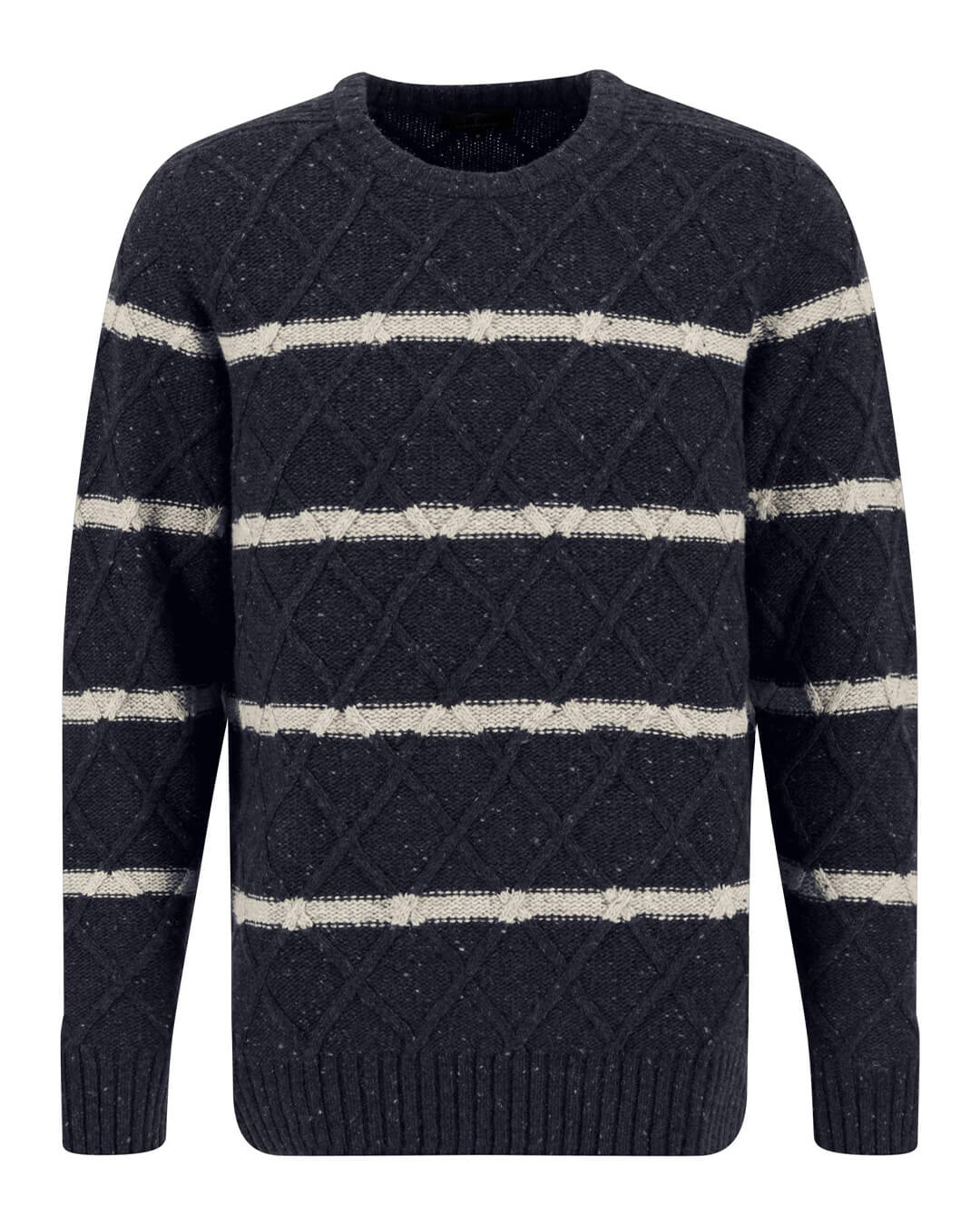 Fynch-Hatton Jumpers Fynch-Hatton Navy Striped Crew Neck Cable Jumper