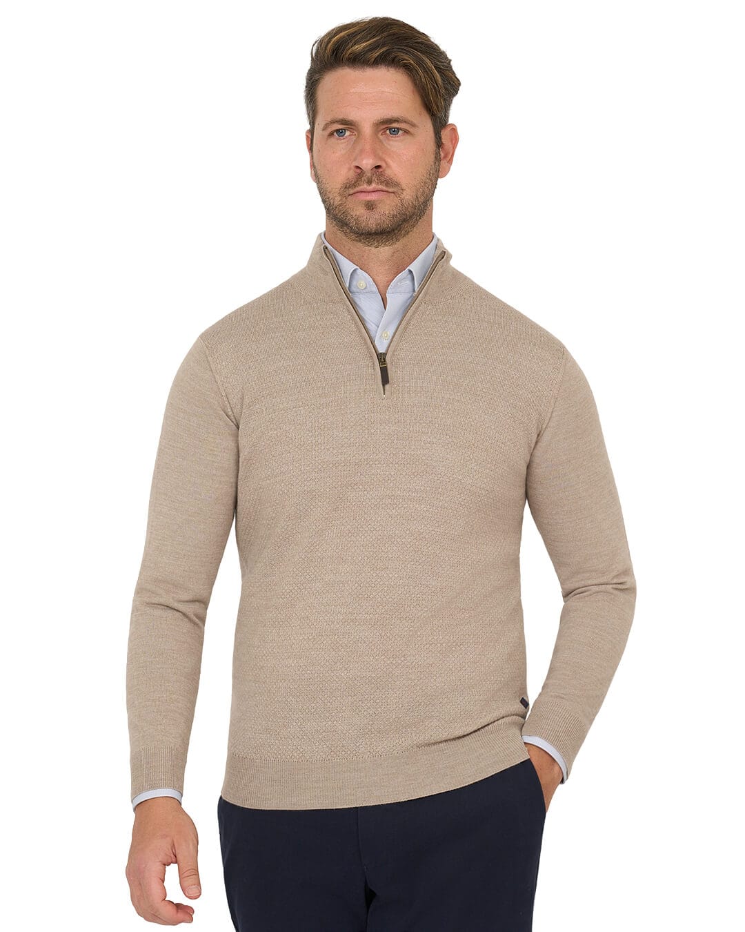 Gagliardi Jumpers Gagliardi Beige Jumper Zip Neck Merino Blend Textured Front