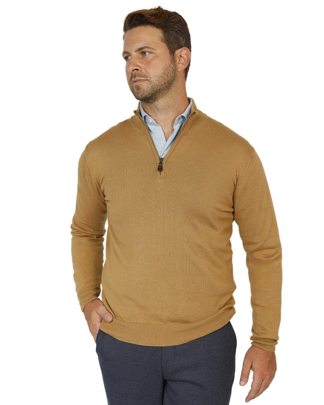 Gagliardi Jumpers Gagliardi Camel Cotton Cashmere Zip Neck Jumper