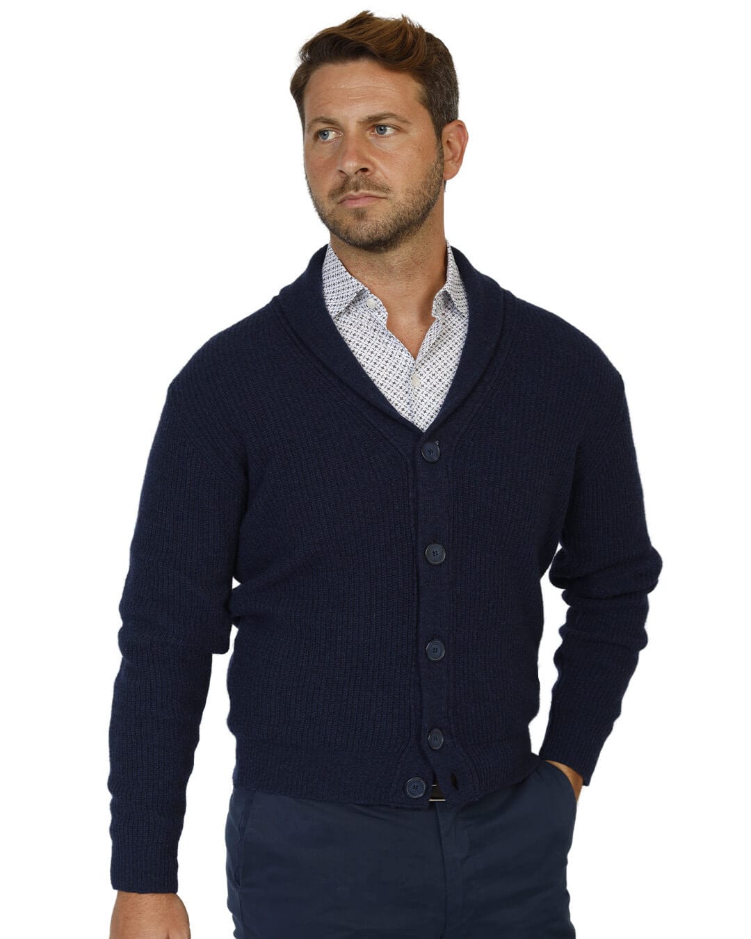 Gagliardi Jumpers Gagliardi Navy Reclaimed Lambswool Fisherman's Rib Cardigan