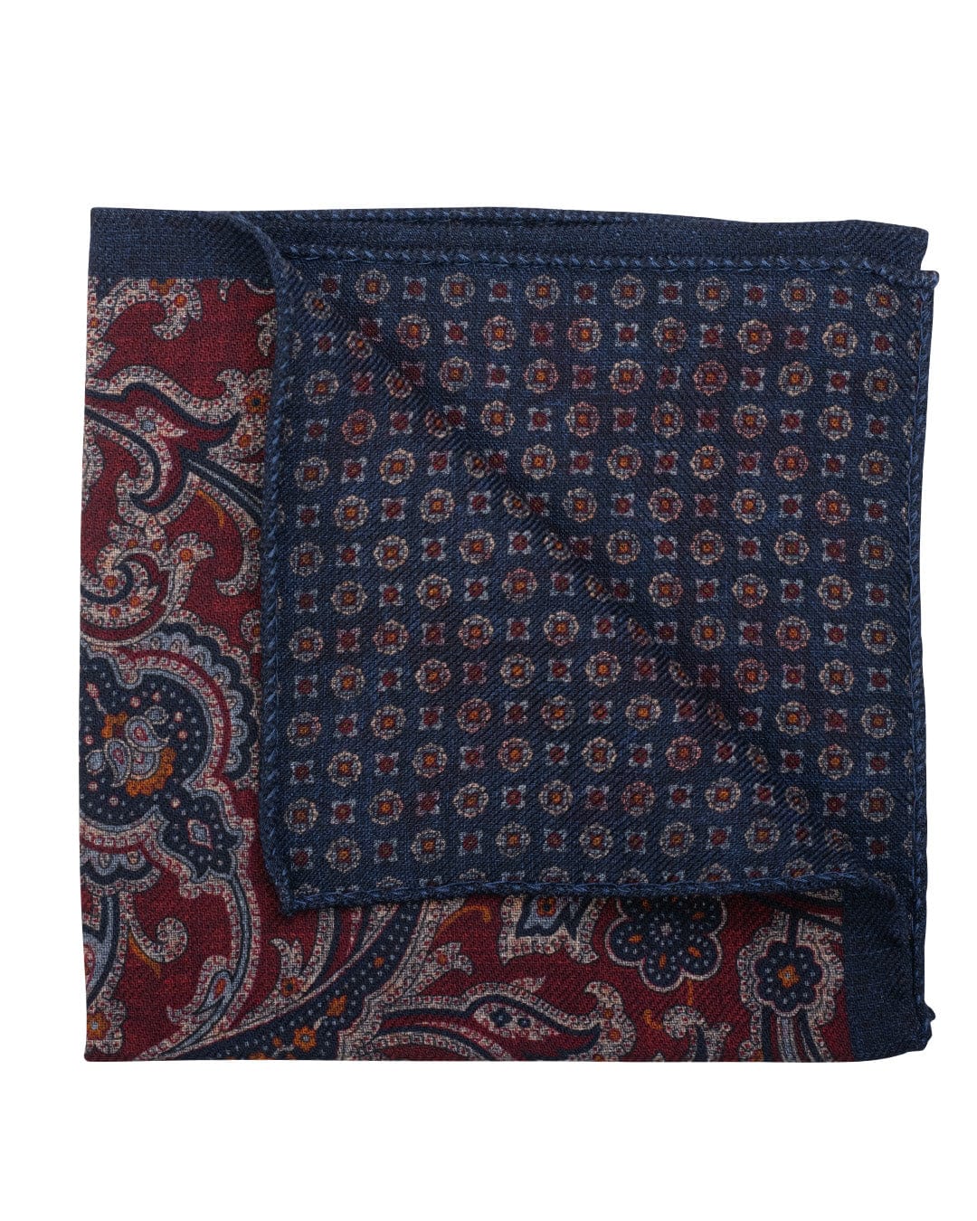 Red Floral & Medallion Print Italian Silk Double Sided Pocket Square