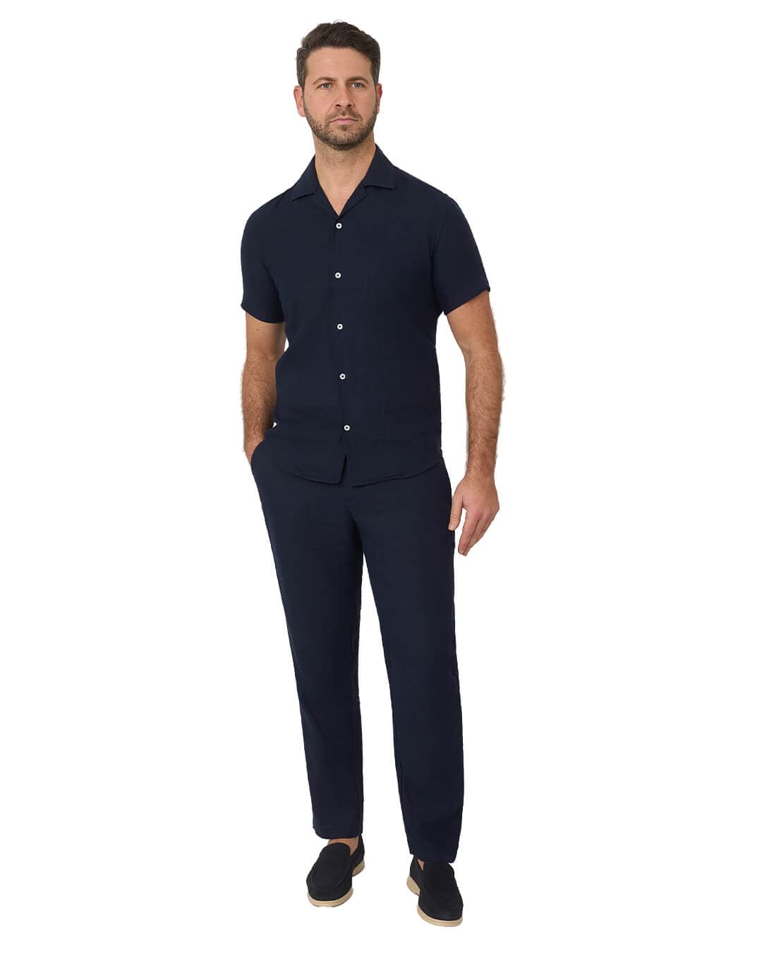 Gagliardi Shirts Gagliardi Navy Shirt Linen Resort Collar Short Sleeve