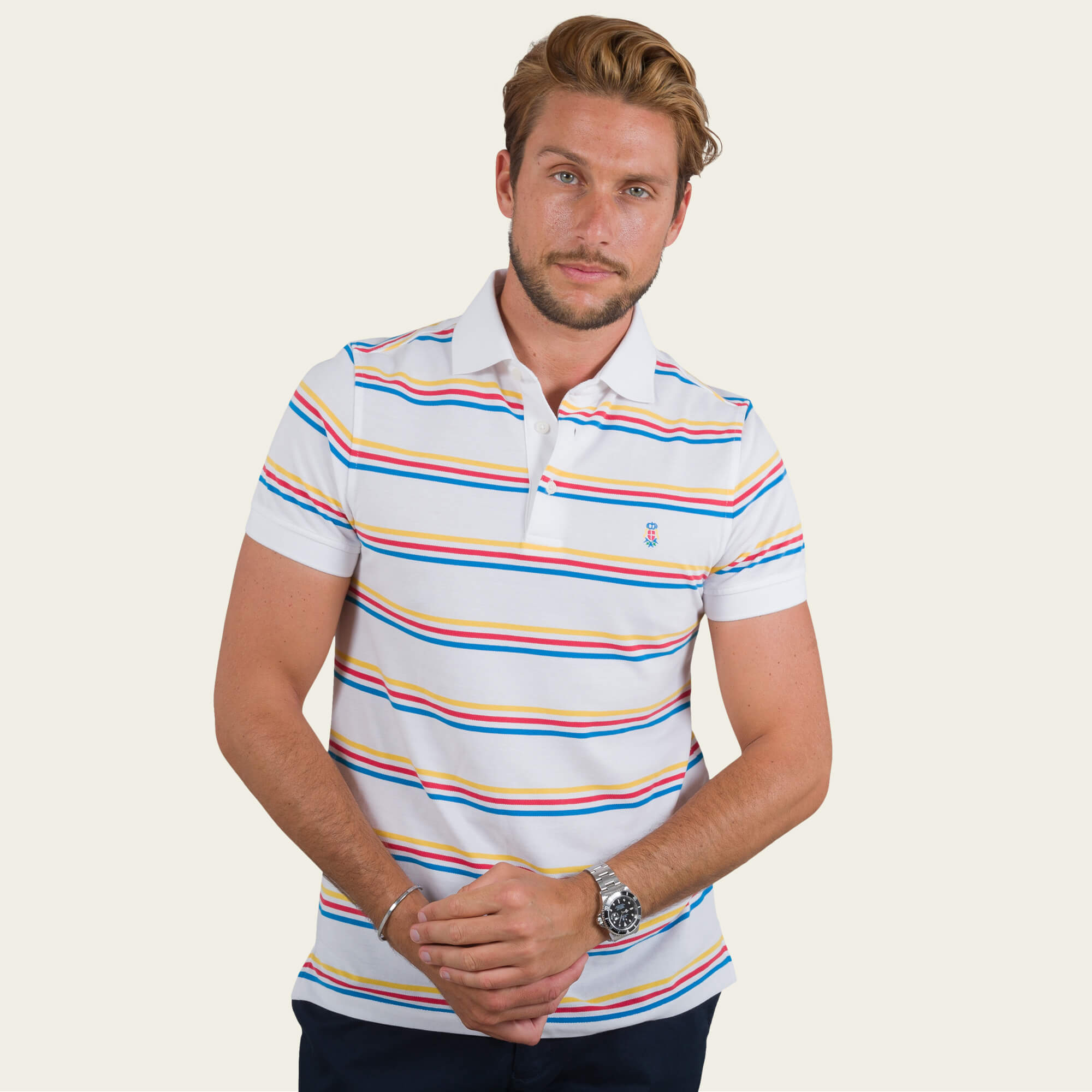 White Multi Stripe Pique Polo Shirt