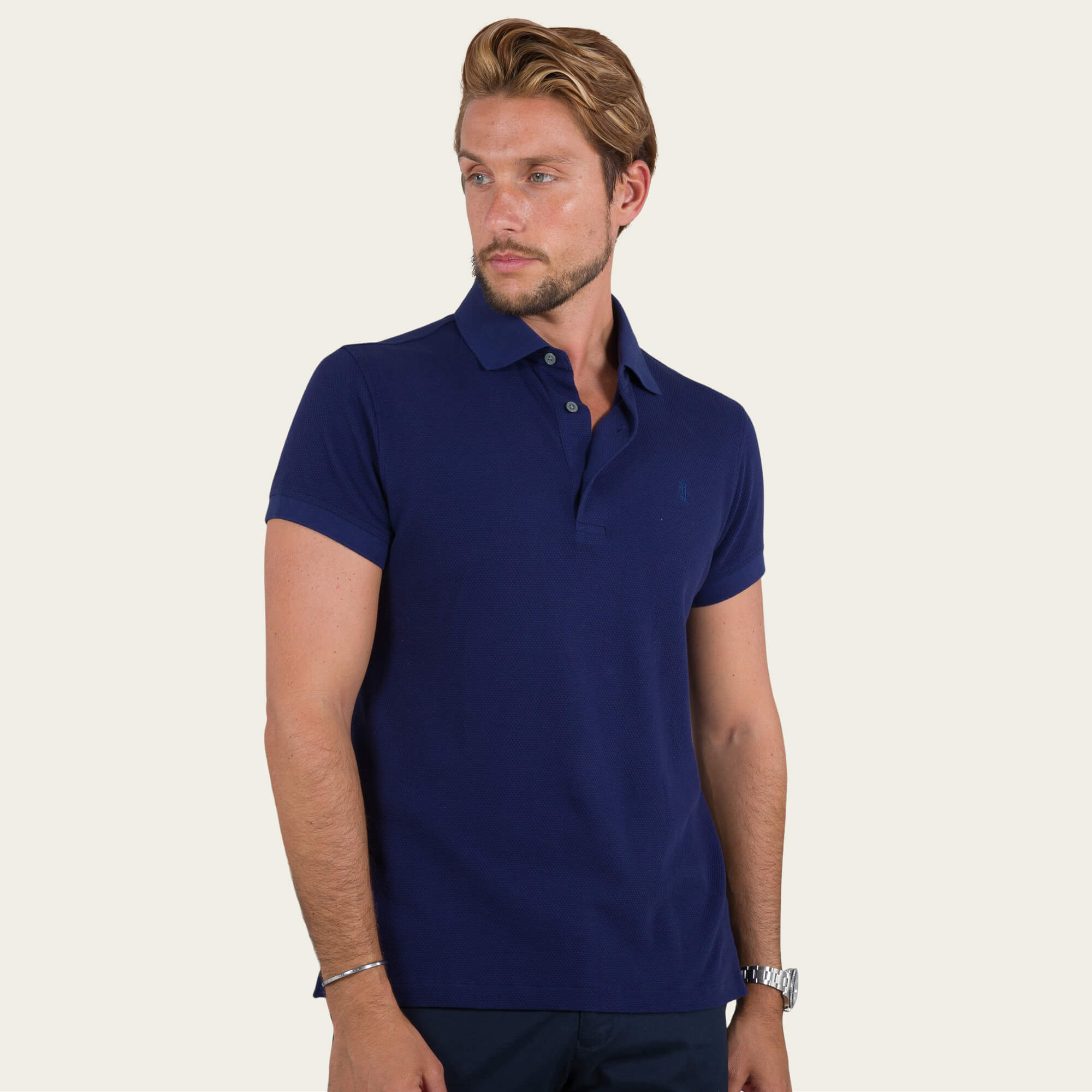 Navy Popcorn Texture Polo Shirt