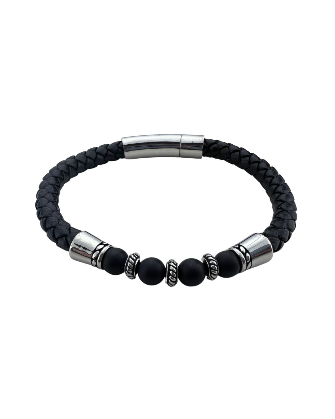 Black Braided Leather & Beads Bracelet
