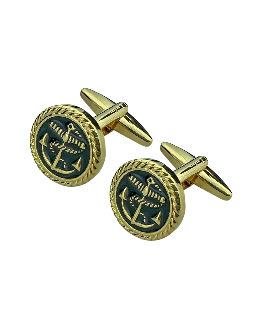 Round Gold Cufflinks With Rope & Anchor Enamel