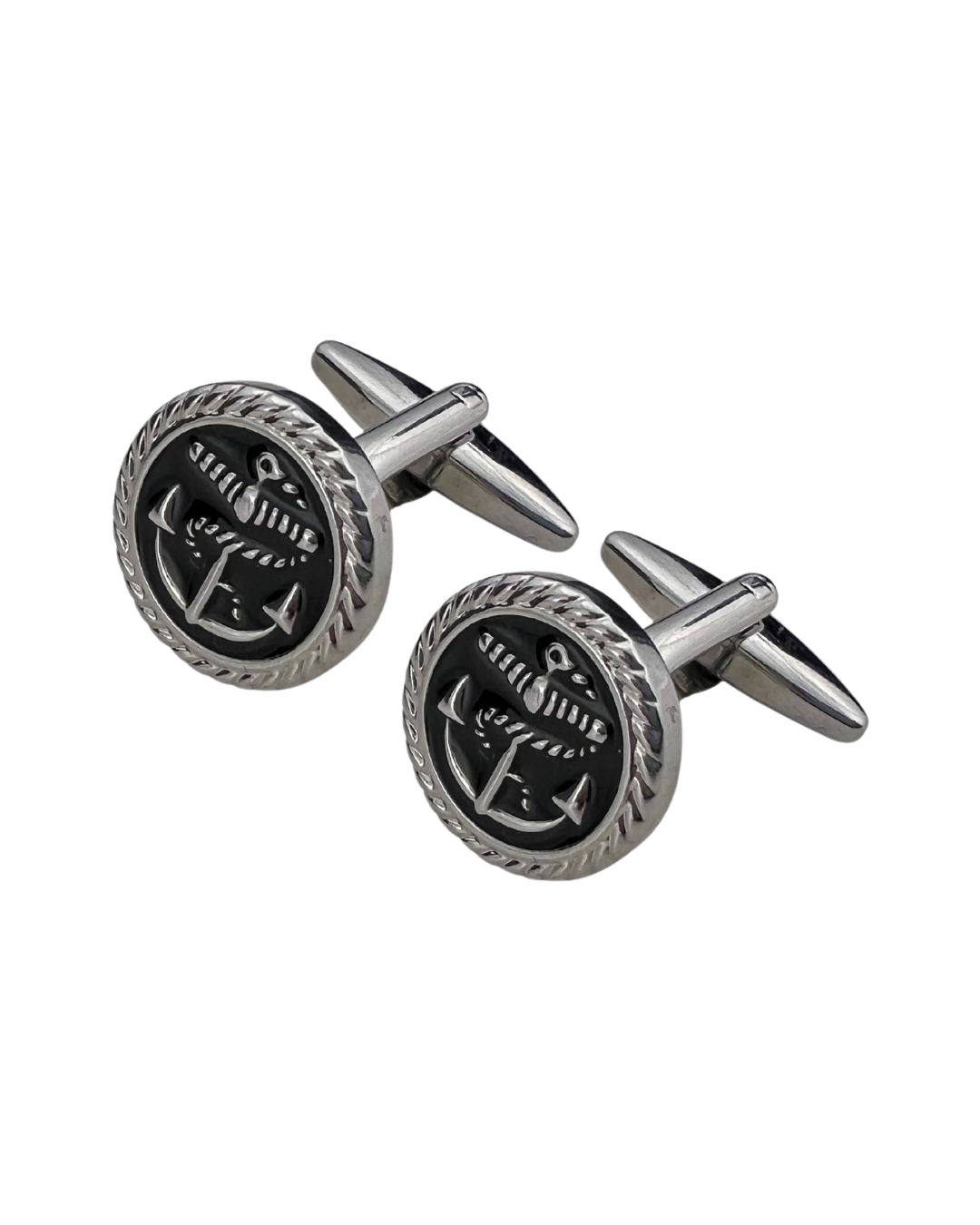 Round Silver Cufflinks With Rope & Anchor Enamel