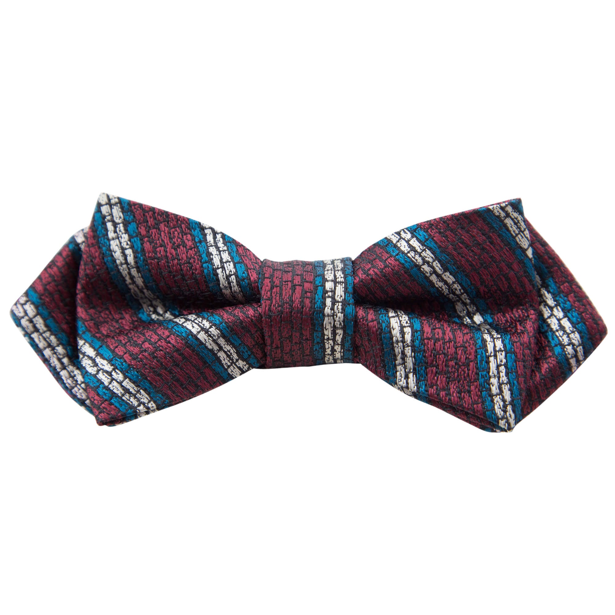RED WITH TEAL AND BEIGE STRIPES BOW TIE