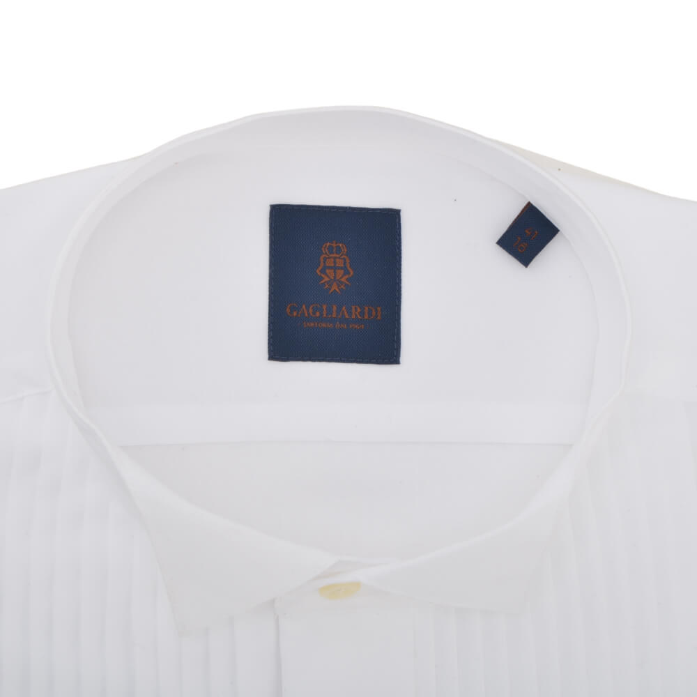 Tailored Fit White Pleated-front Wing Collar Dress Shirt - Gagliardi